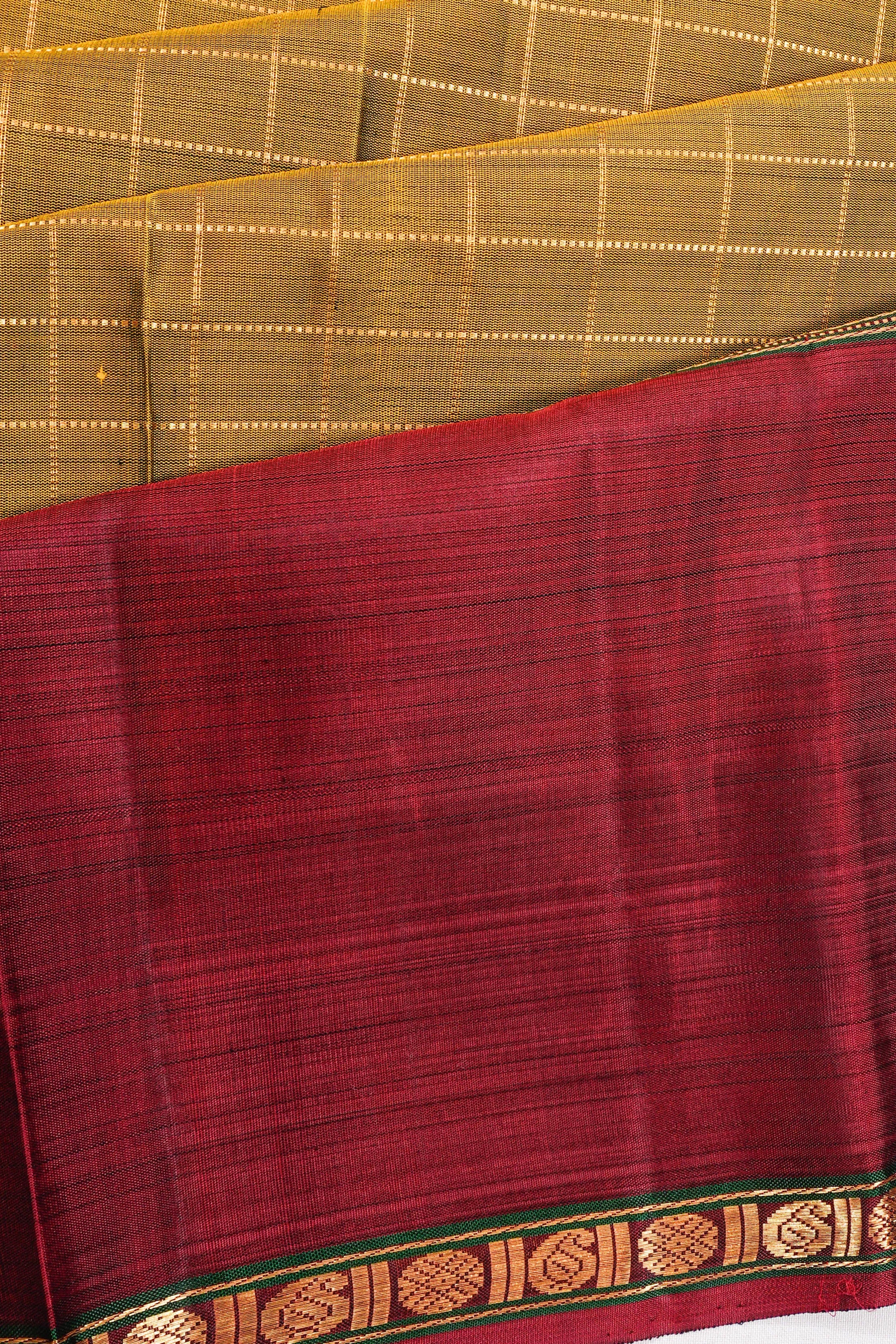 Taranga Kanchi Silk Checks Yellow Saree With Ganga Jamuna Border