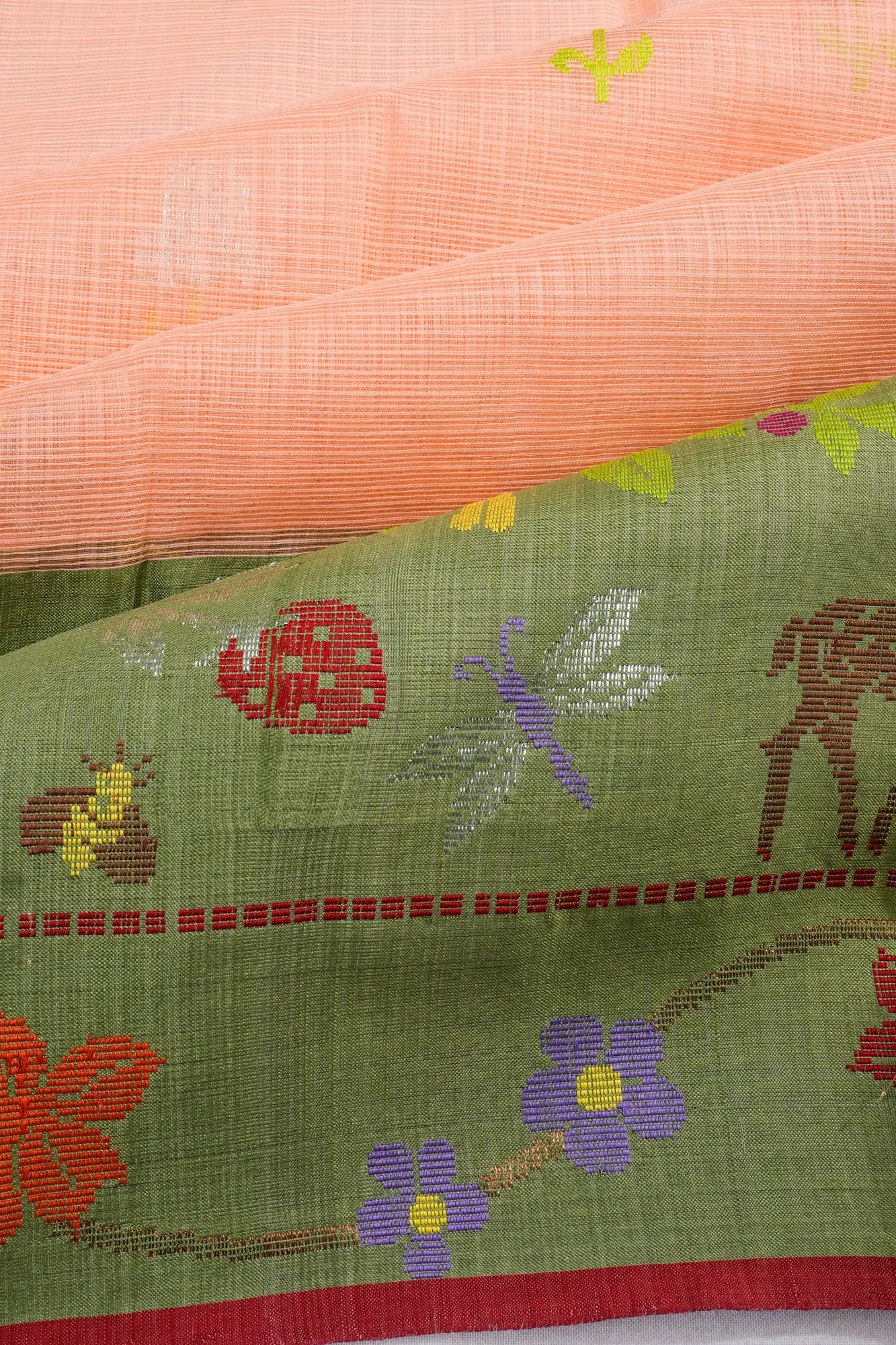 Zari Kota Cotton Butta Peach Saree With Jamdani Border
