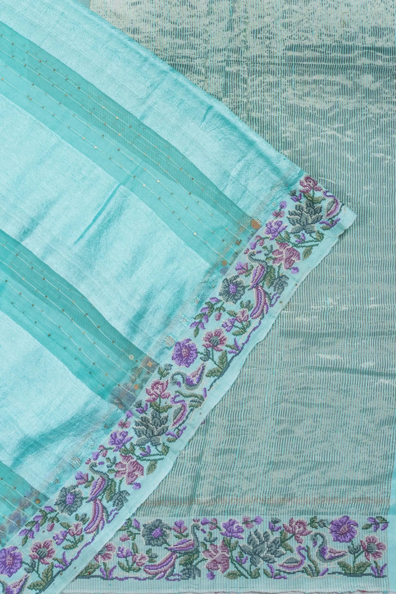 Organza Tissue Sequin Lines Sky Blue Saree With Embroidery Border