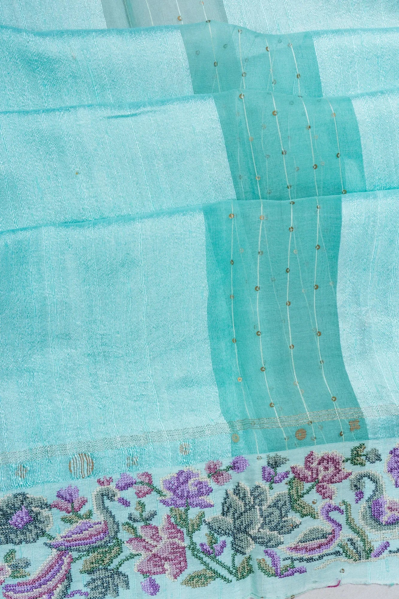 Organza Tissue Sequin Lines Sky Blue Saree With Embroidery Border