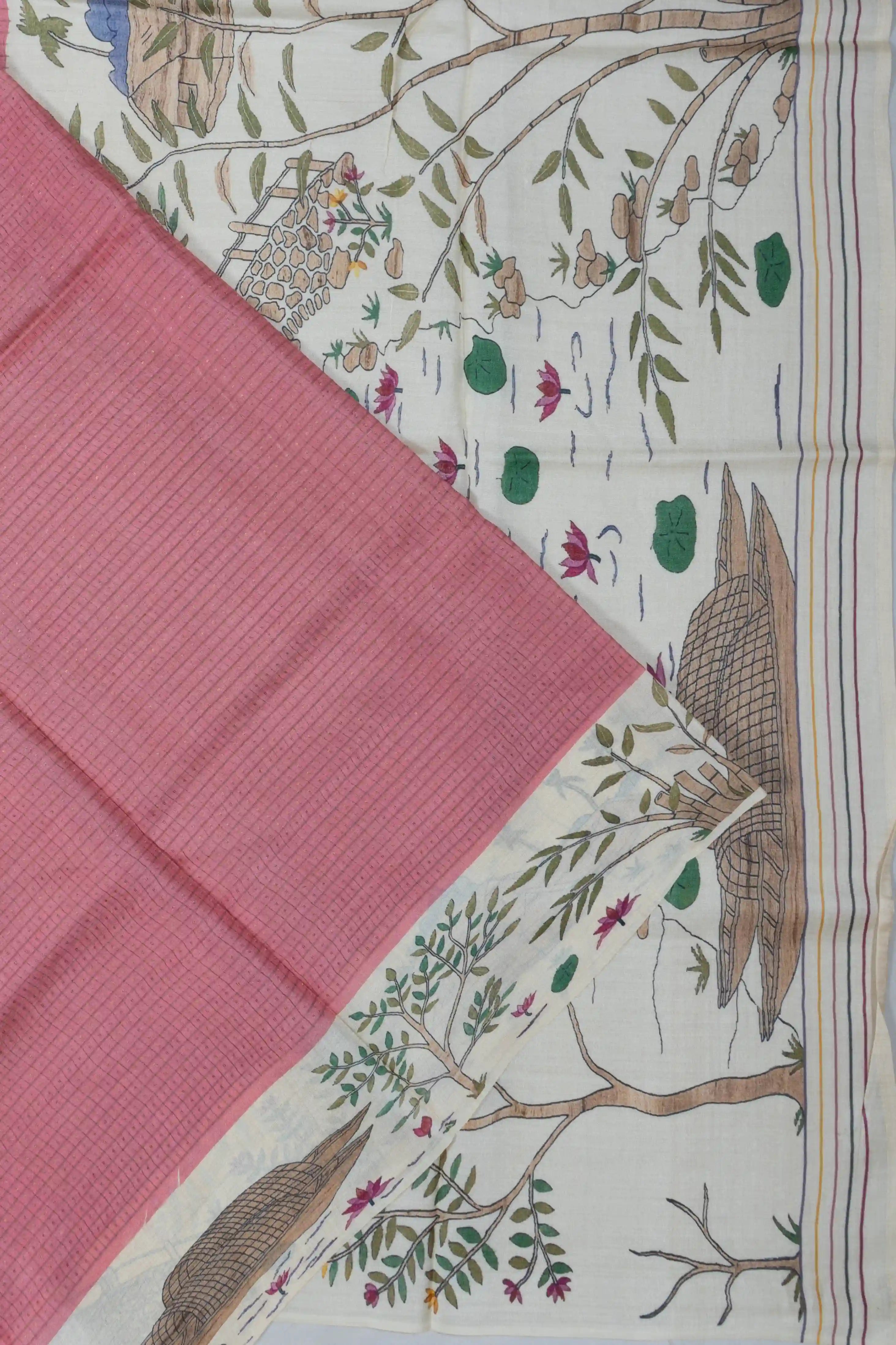 Tussar Checks And Butta Pink Saree