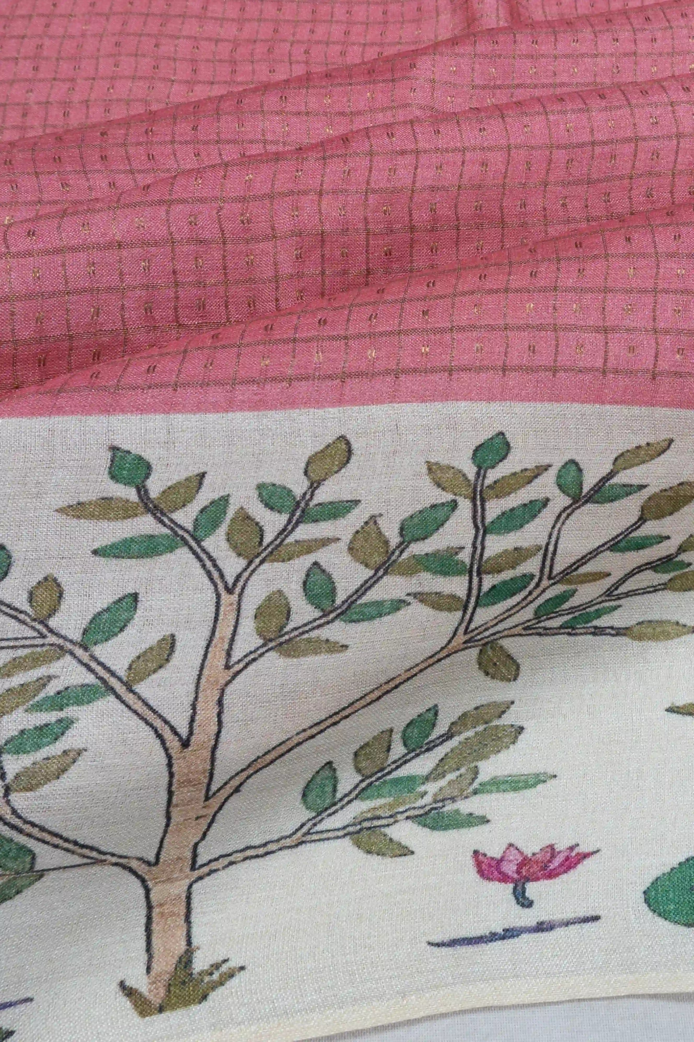 Tussar Checks And Butta Pink Saree