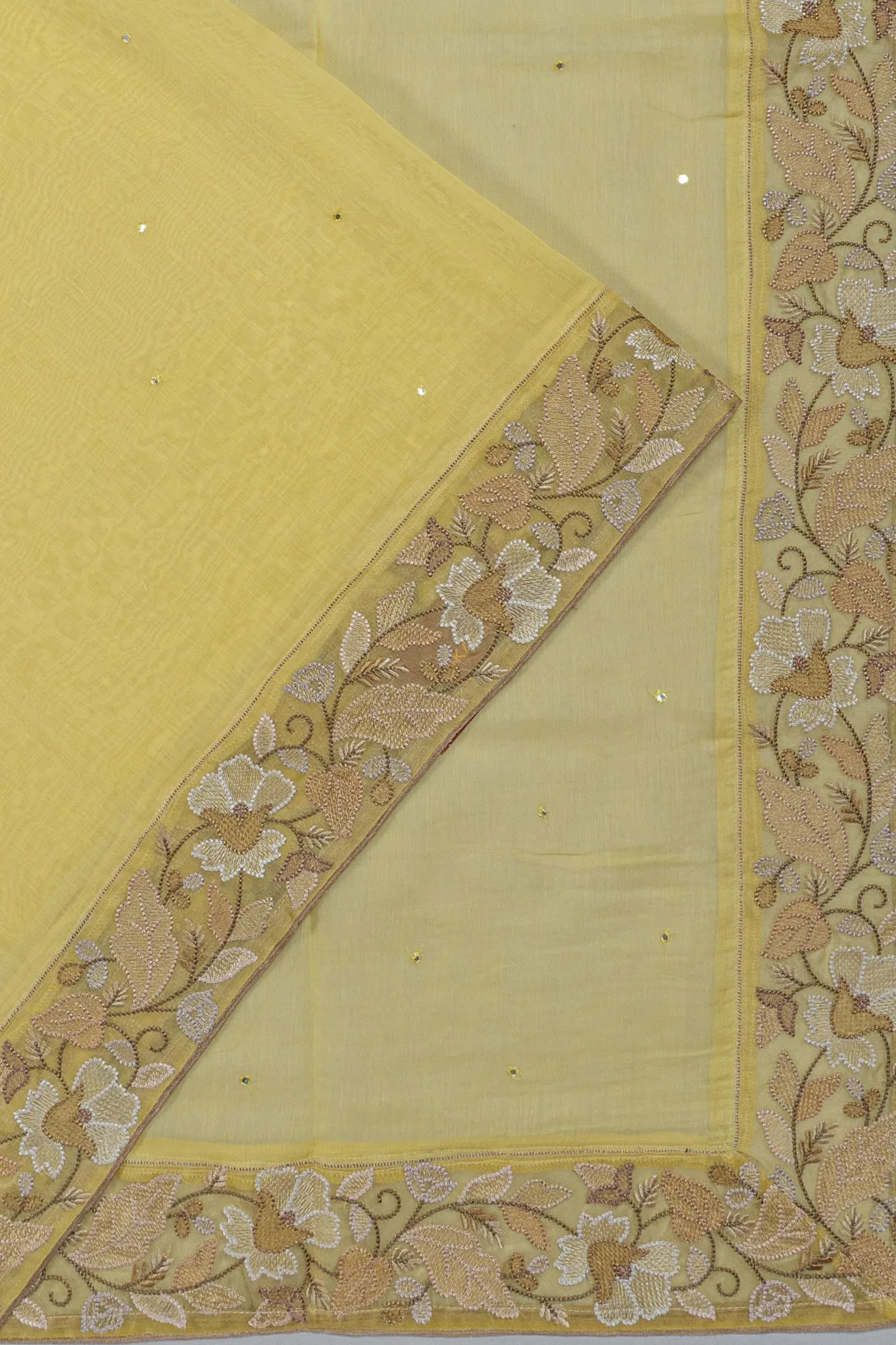 Mul Cotton Mirror Butta Lemon Yellow Saree With Embroidery Border