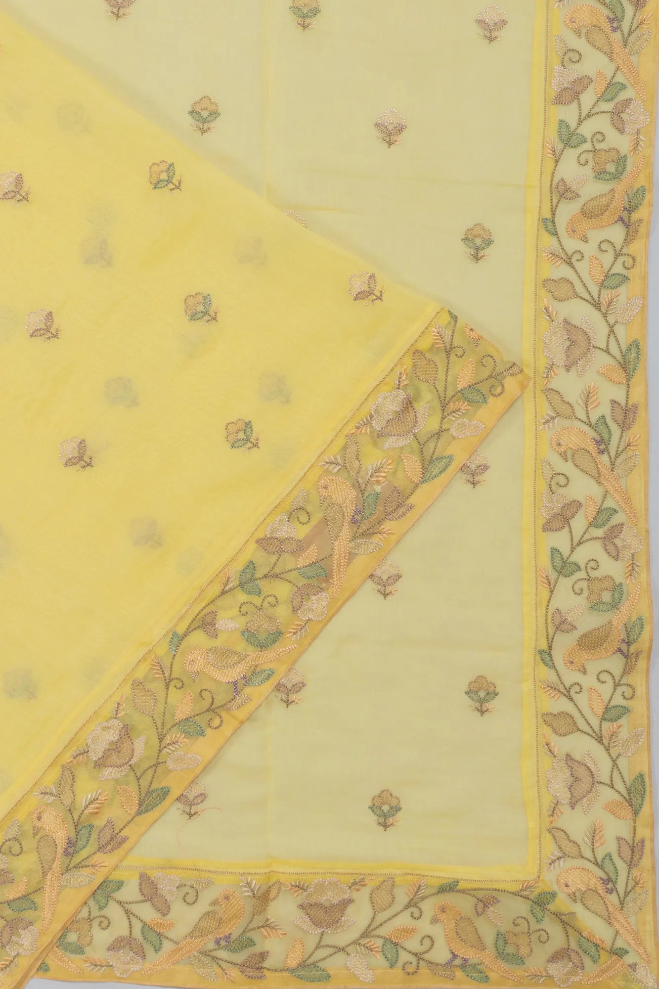 Mul Cotton Butta Lemon Yellow Saree With Embroidery Border