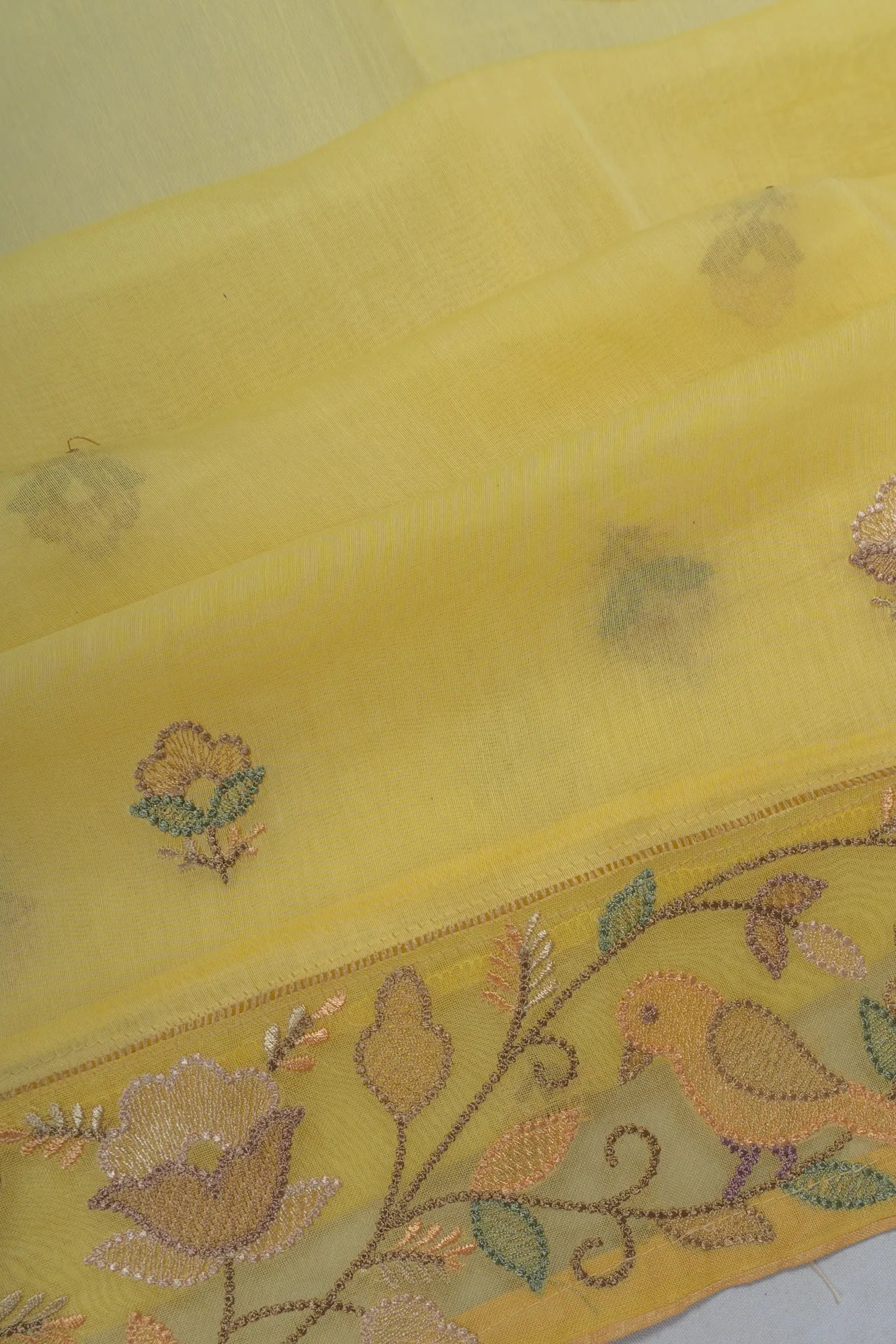 Mul Cotton Butta Lemon Yellow Saree With Embroidery Border