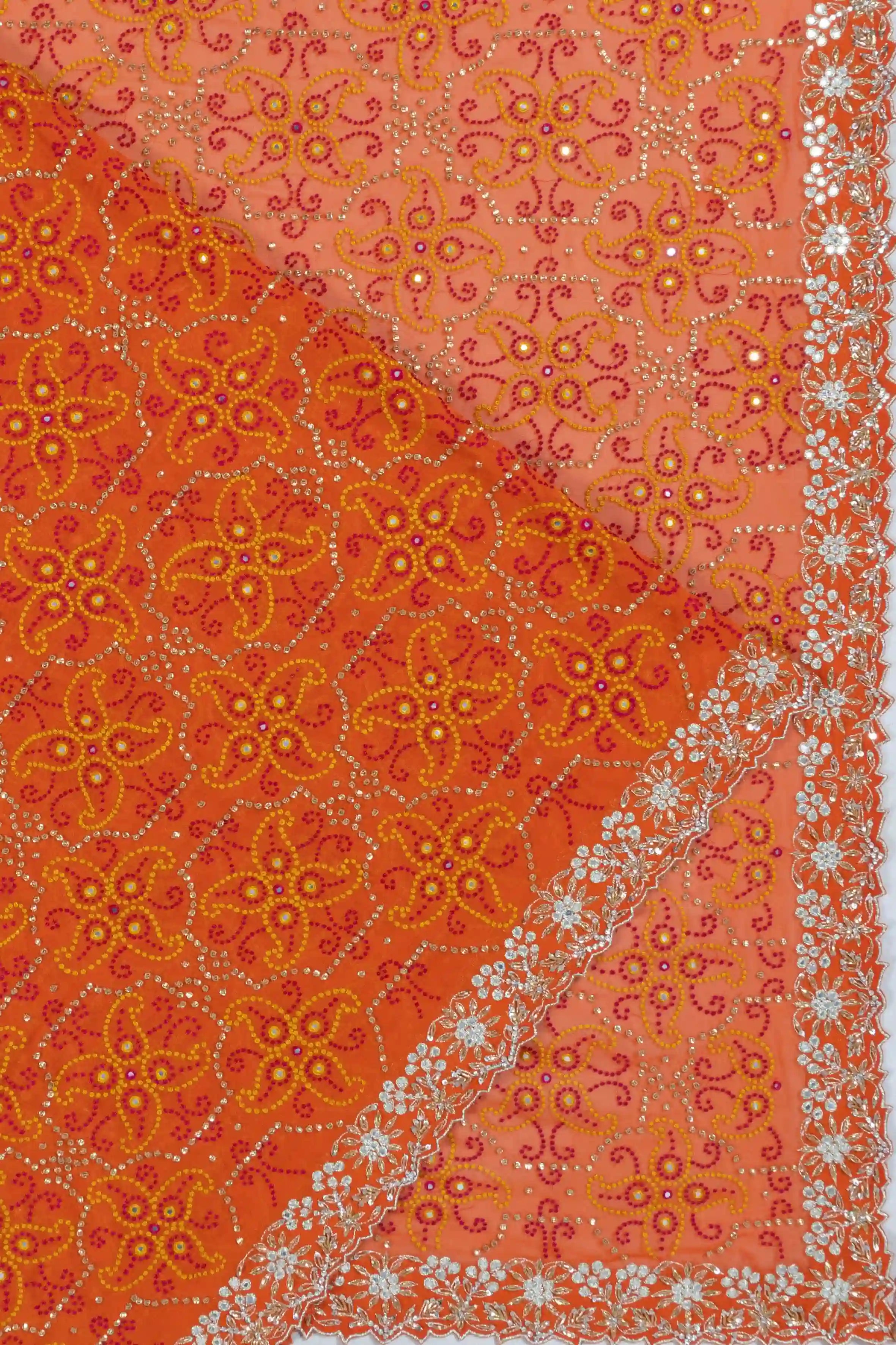 Ek Taar Georgette All Over Hand Embroidery Orange Saree With Scallop Border And Waist Belt