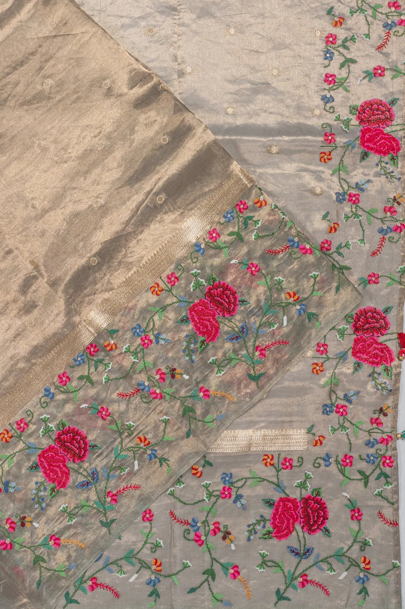 Organza Tissue Butta Green Saree With Embroidery Border