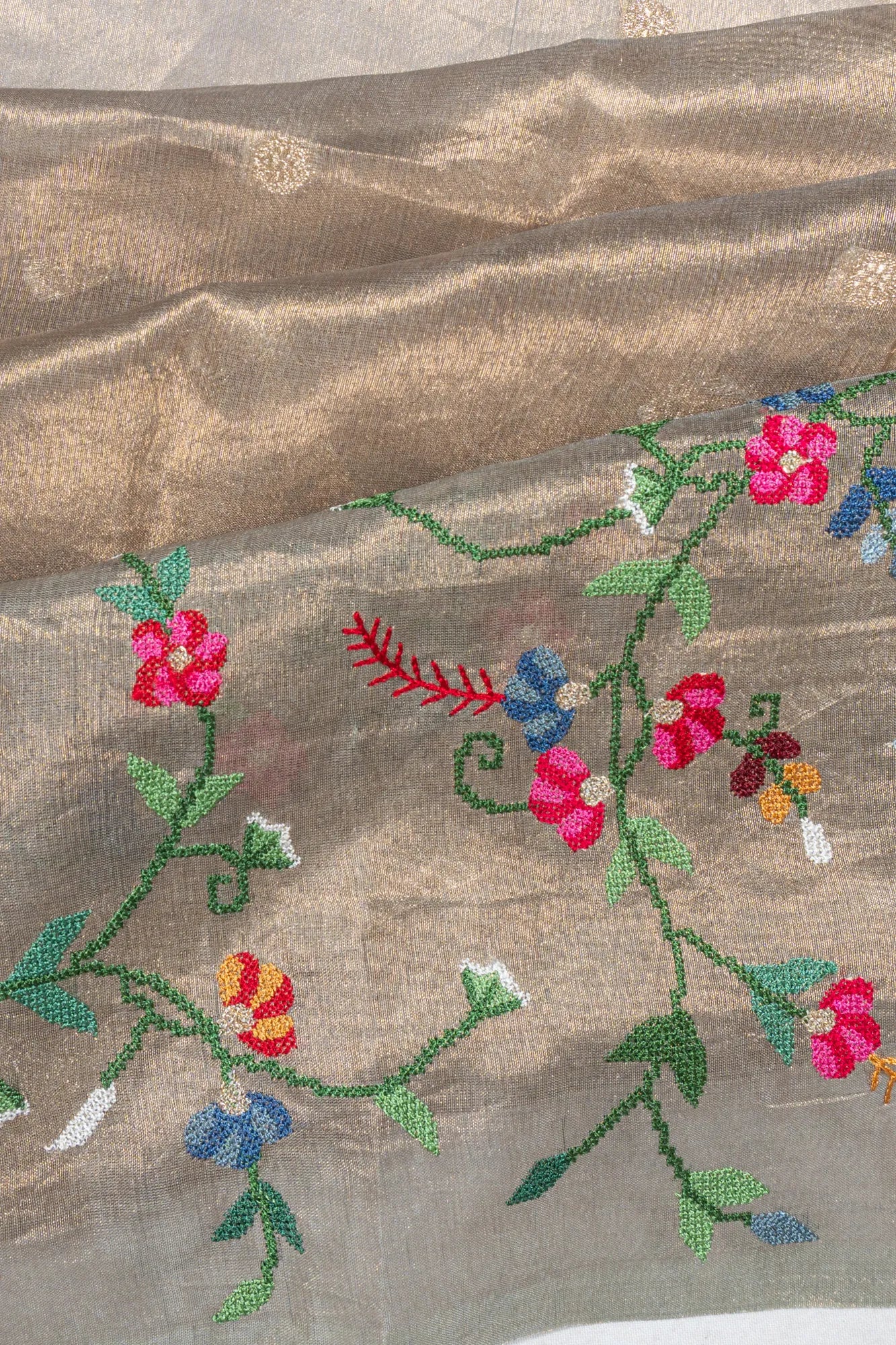 Organza Tissue Butta Green Saree With Embroidery Border