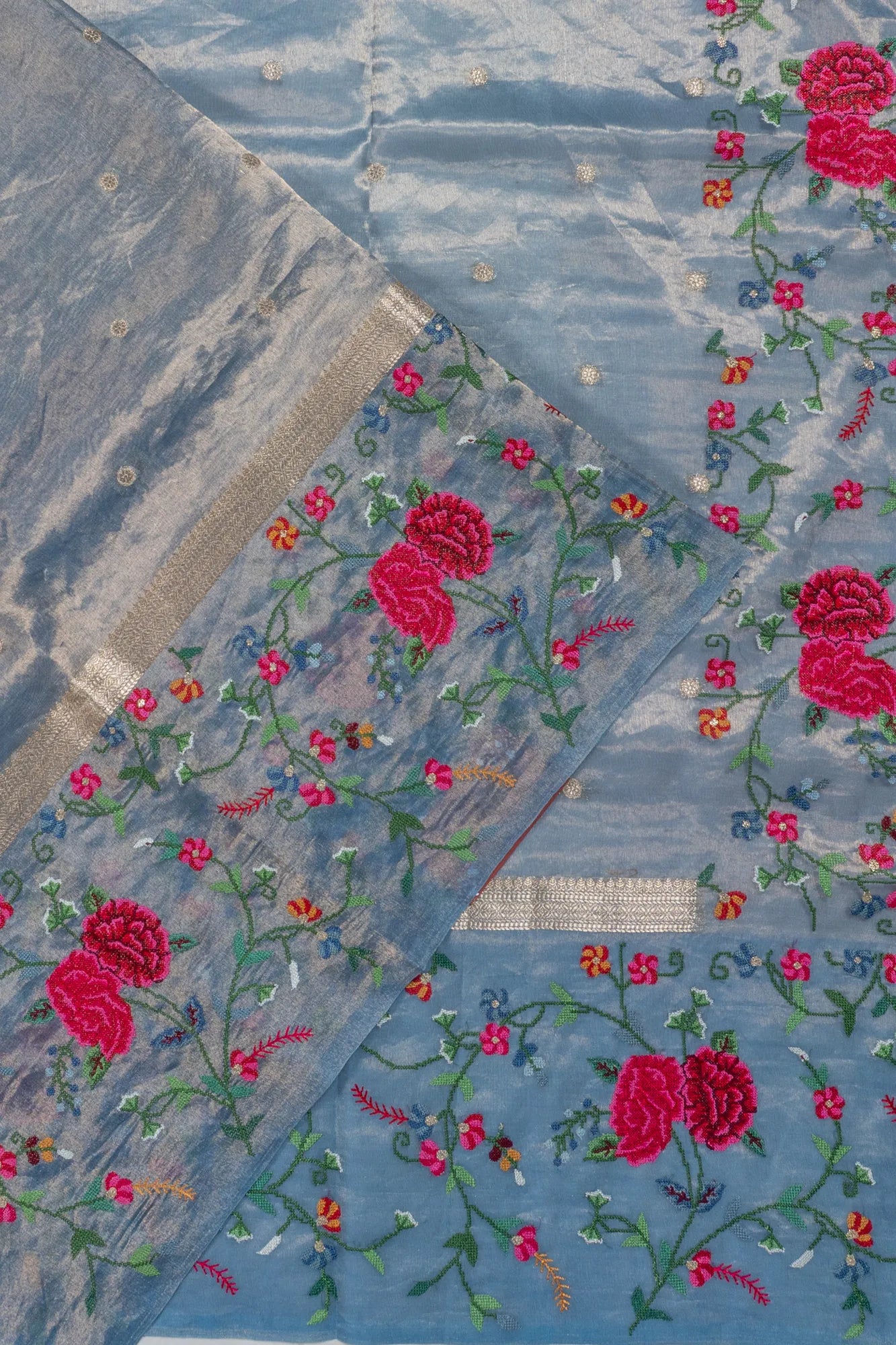 Organza Tissue Butta Sky Blue Saree With Embroidery Border