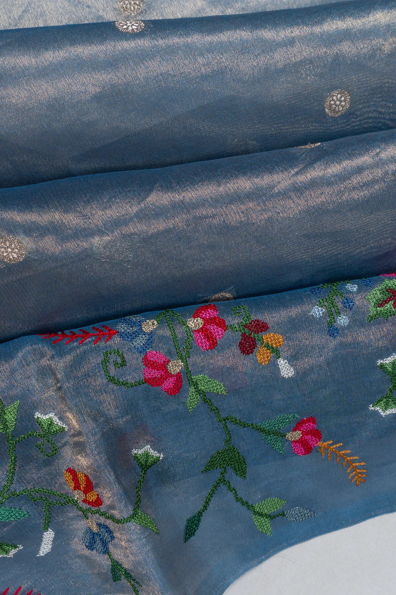 Organza Tissue Butta Sky Blue Saree With Embroidery Border