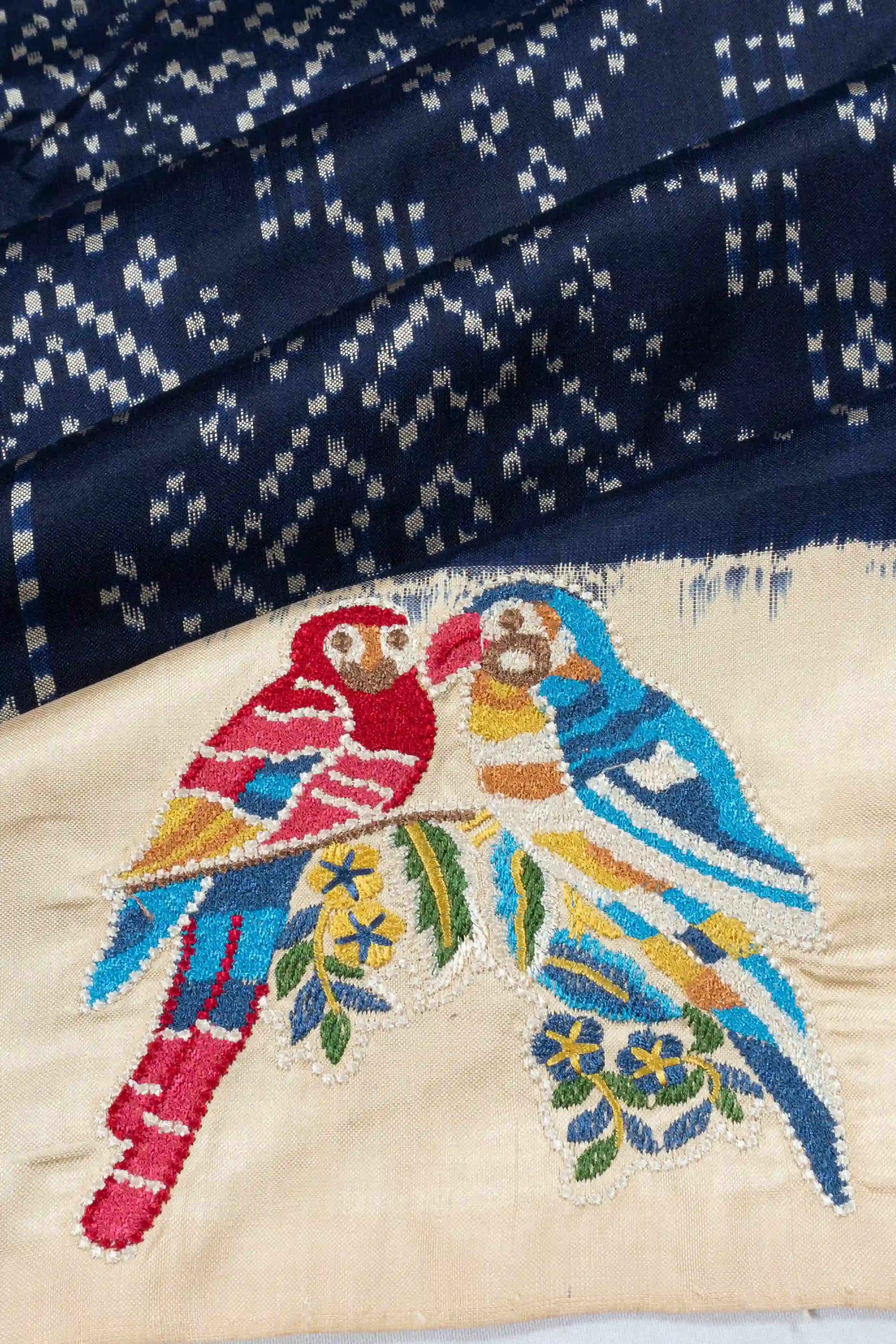 Pochampally Silk Ikat Dark Blue Saree With Embroidery Border