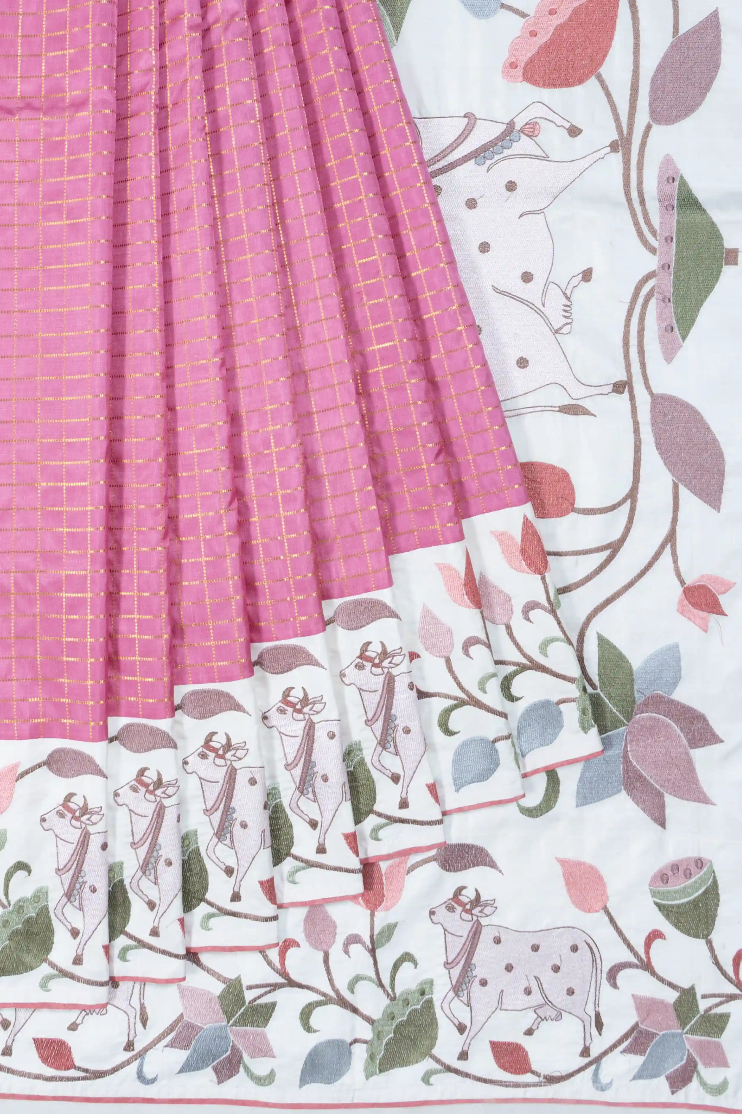 Kanchipuram Silk Checks Pink Saree With Embroidery Pichwai Border