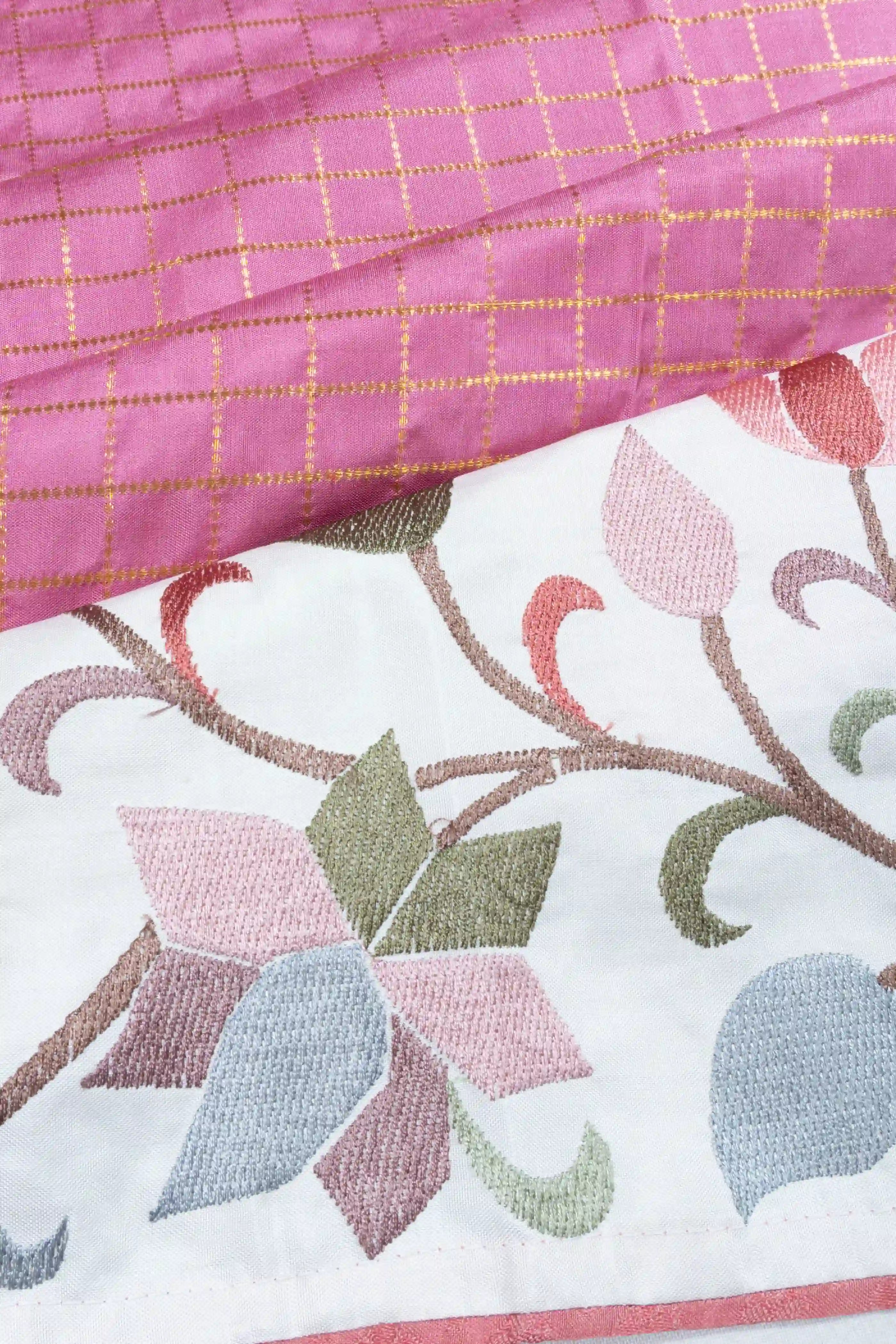 Kanchipuram Silk Checks Pink Saree With Embroidery Pichwai Border
