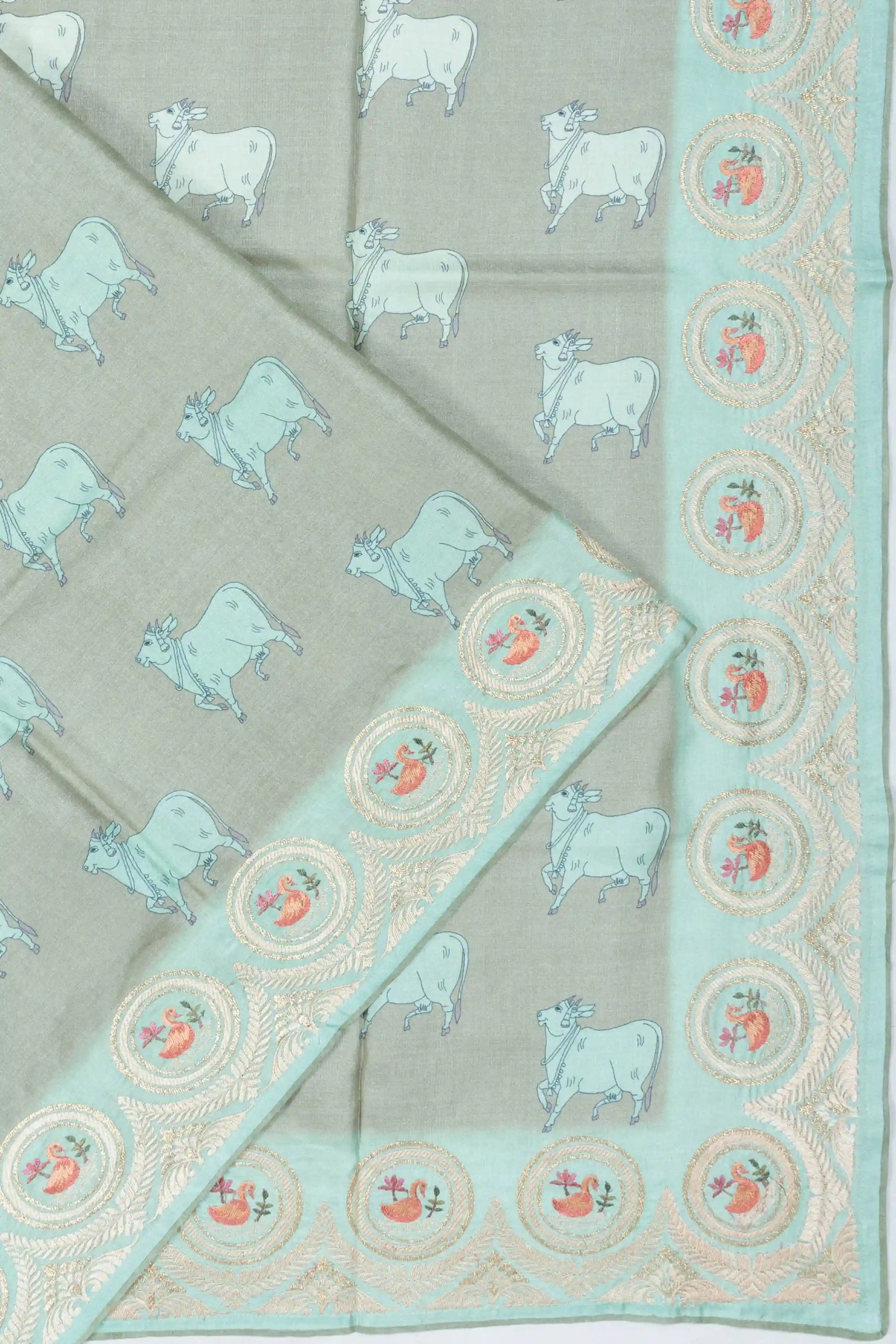 Tussar Brocade Pichwai Butta Grey Saree