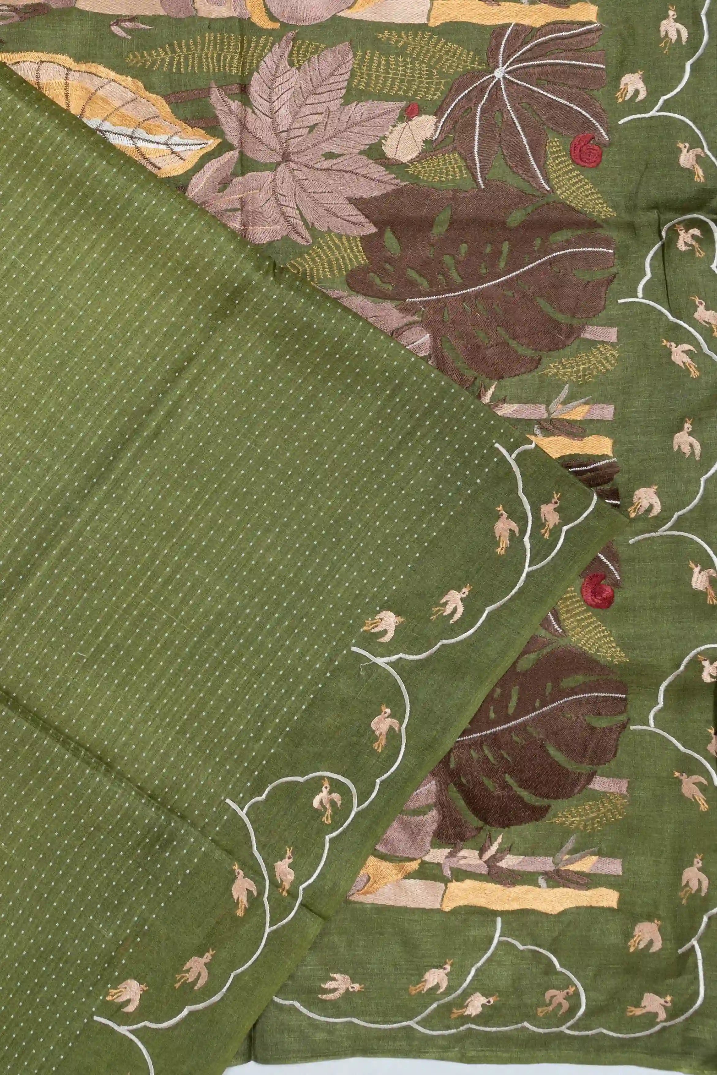 Tussar Brocade Olive Green Saree With Embroidery