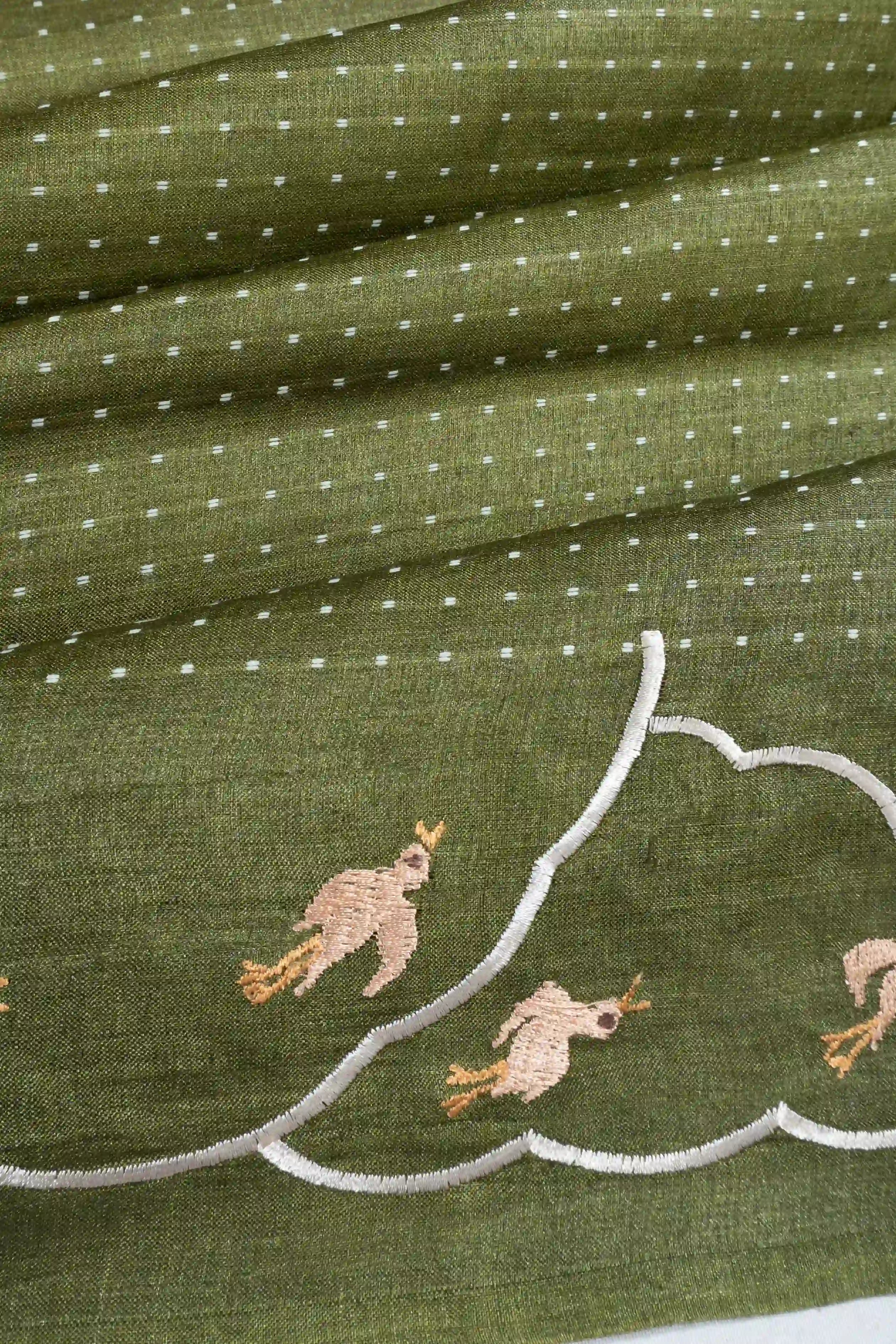 Tussar Brocade Olive Green Saree With Embroidery