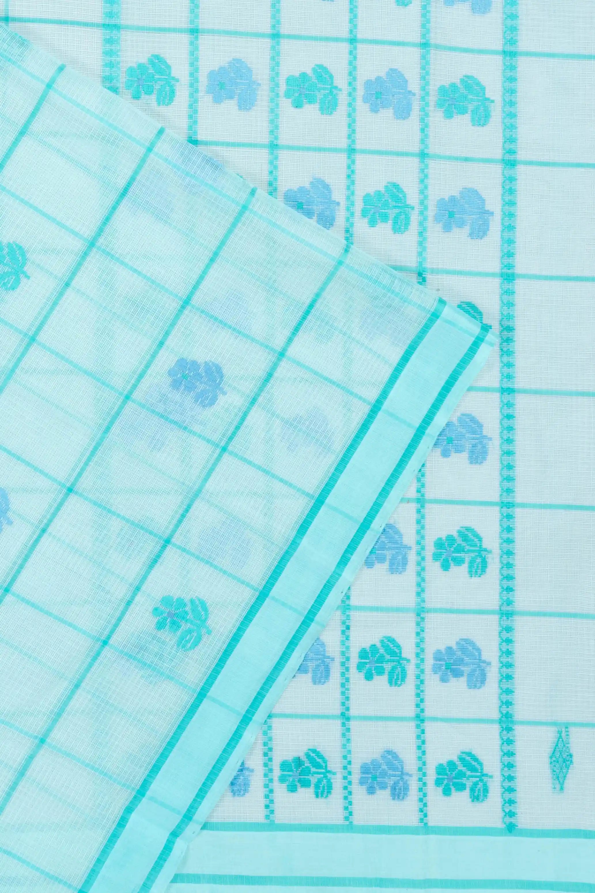 Kota Cotton Checks And Butta Sea Blue Saree