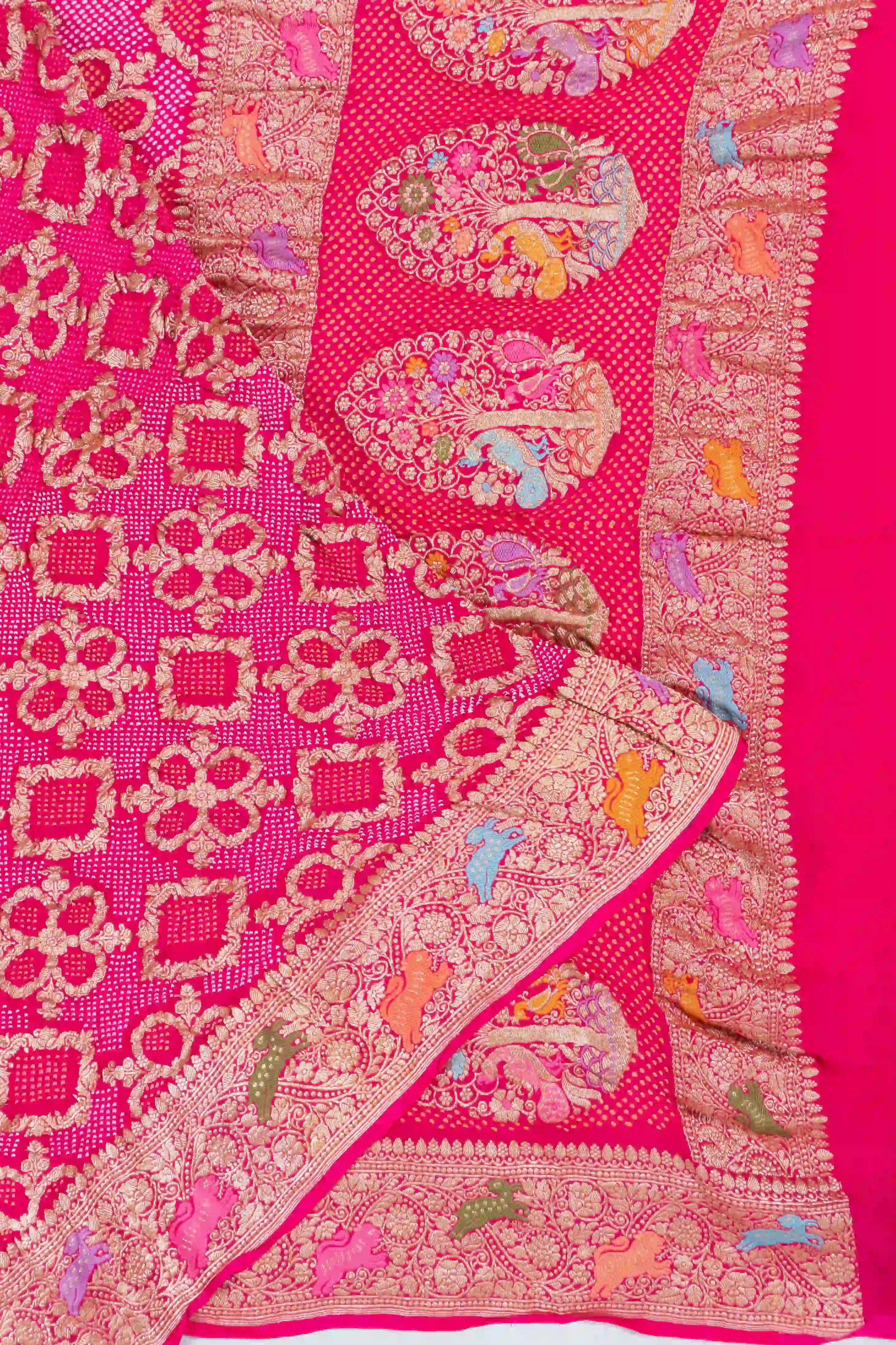 Banarasi Georgette Bandhani Kadwa Rani Pink Saree With Meenakari