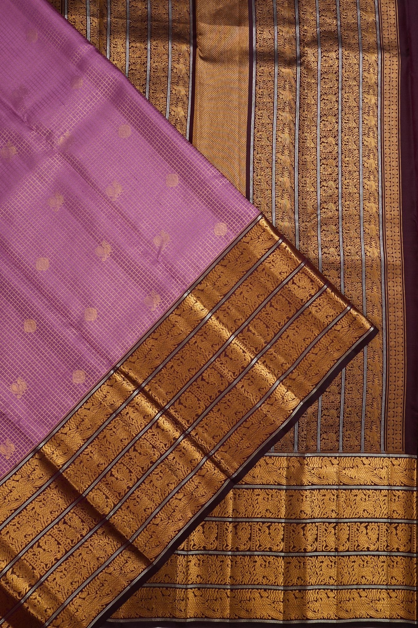 Kanchipuram Silk Checks And Butta Magenta Saree