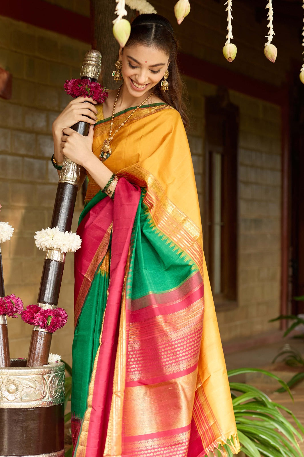Kanchipuram Silk Plain Green Saree With Ganga Jamuna Border