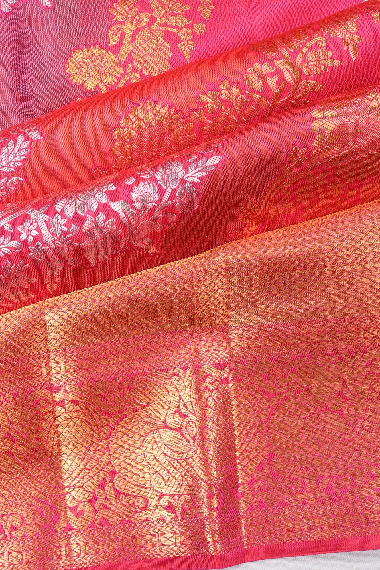 Kanchipuram Silk Leheriya Jaal Rangkat Pink Saree