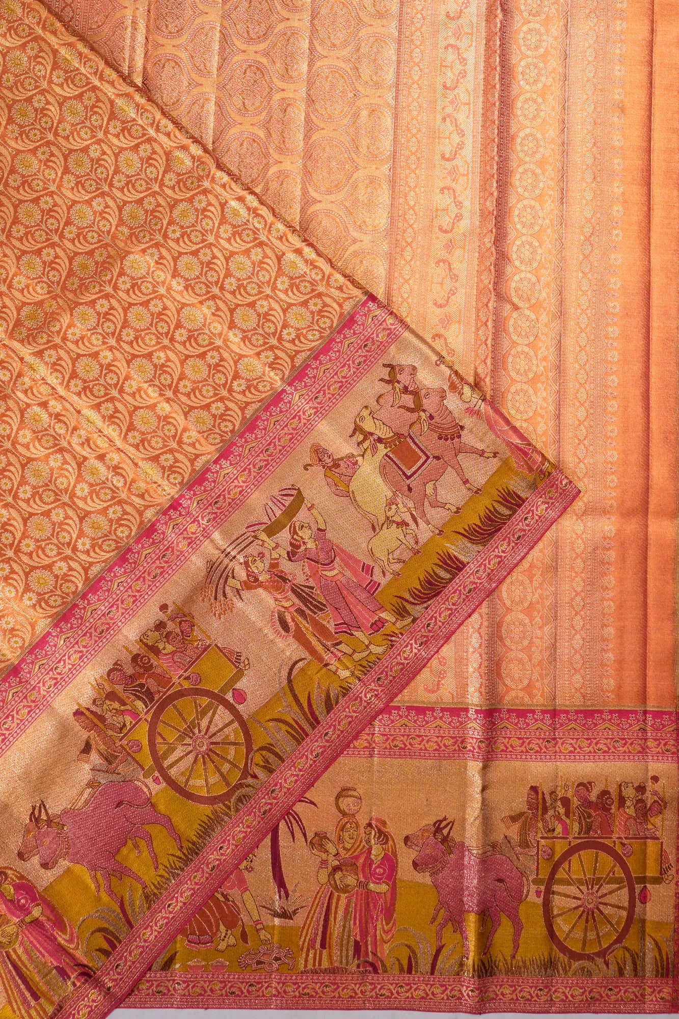 Kanchipuram Silk Tissue Brocade Pink Saree With Pichwai Border