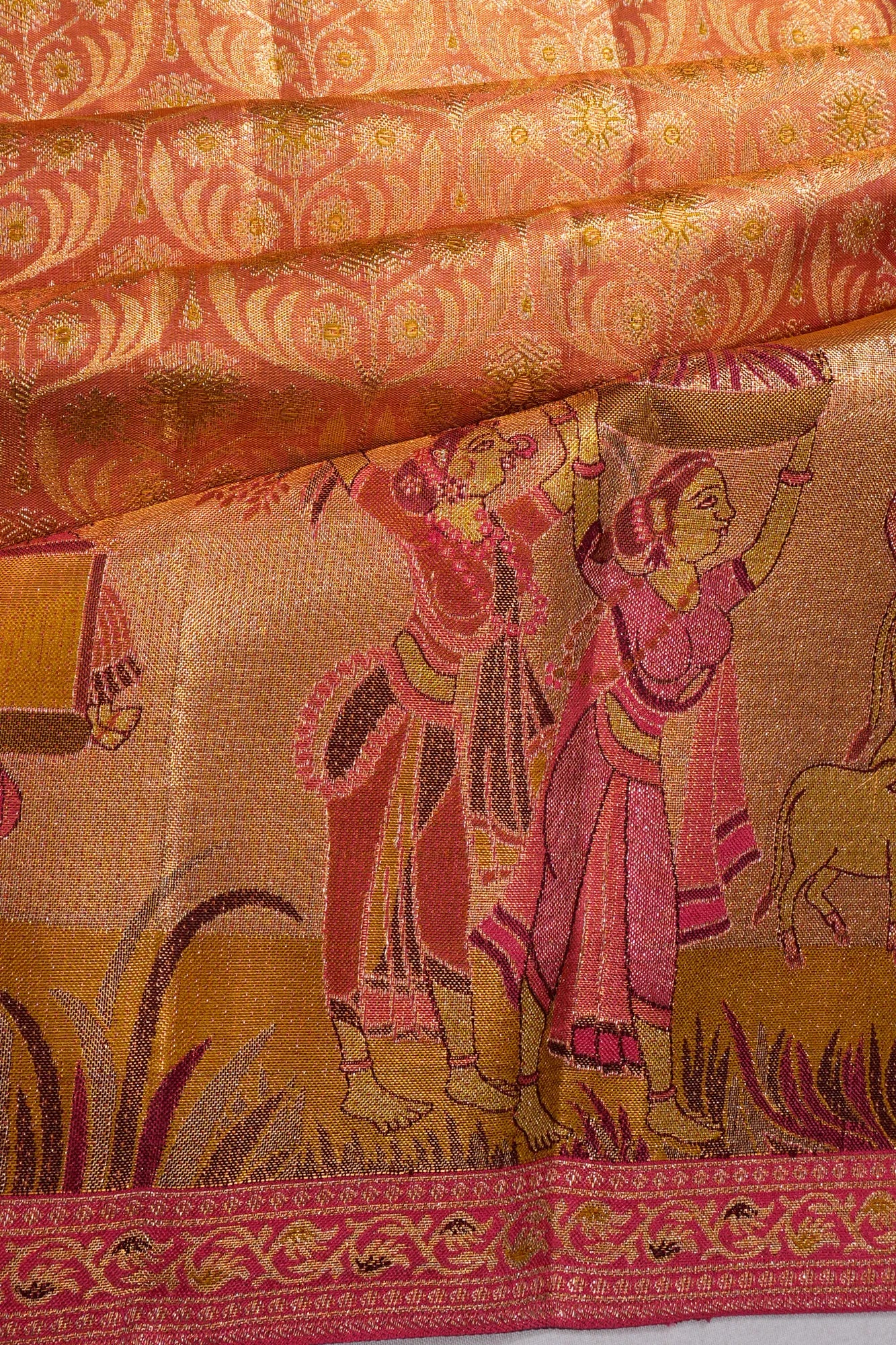 Kanchipuram Silk Tissue Brocade Pink Saree With Pichwai Border