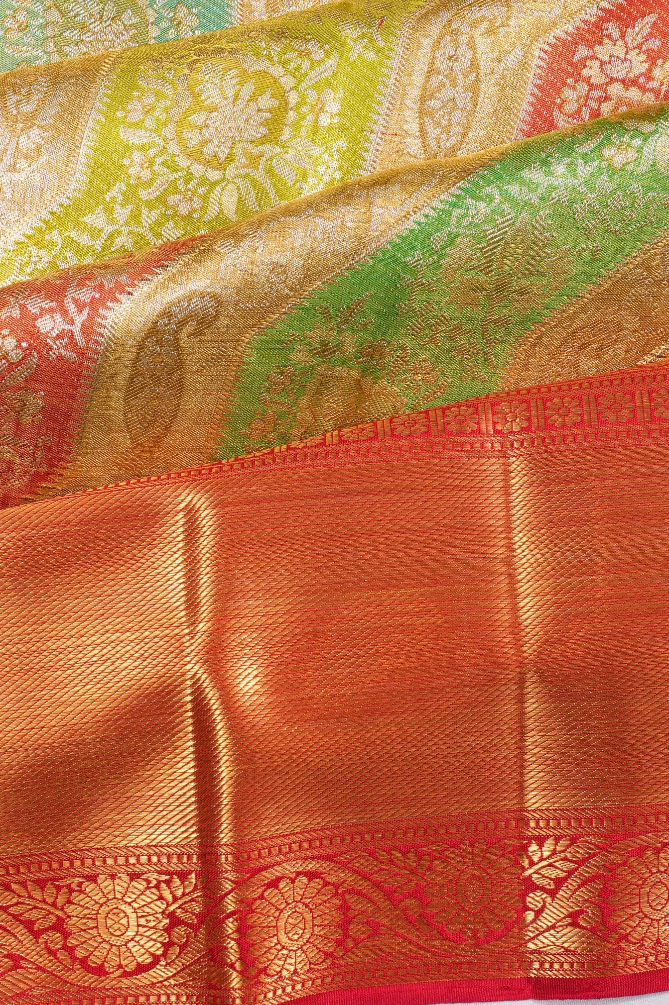 Kanchipuram Silk Tissue Leheriya Jaal Rangkat Gold Saree