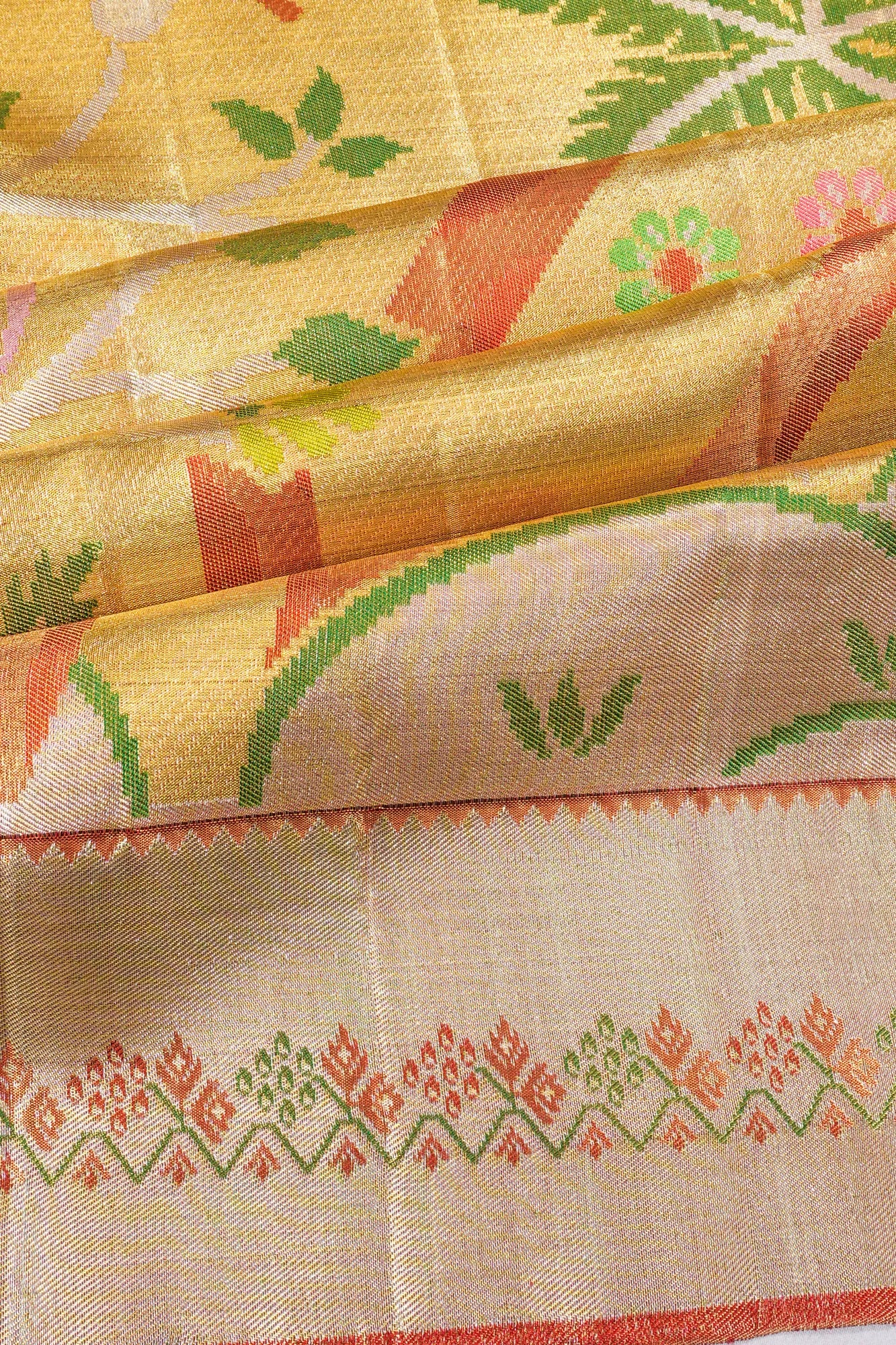 Kanchipuram Silk Tissue Meenakari Jaal Gold Saree