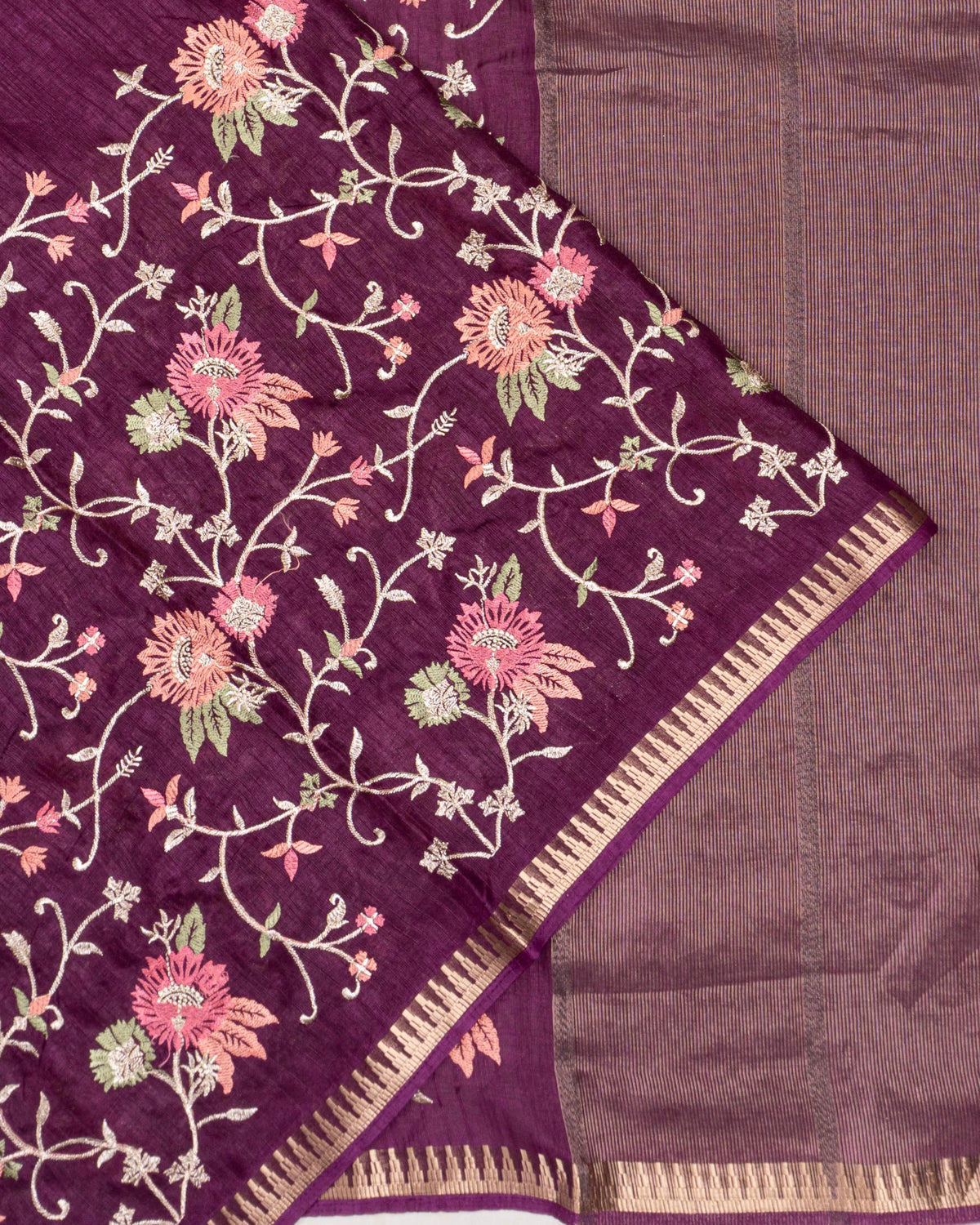 Tussar All Over Floral Embroidery Purple Saree