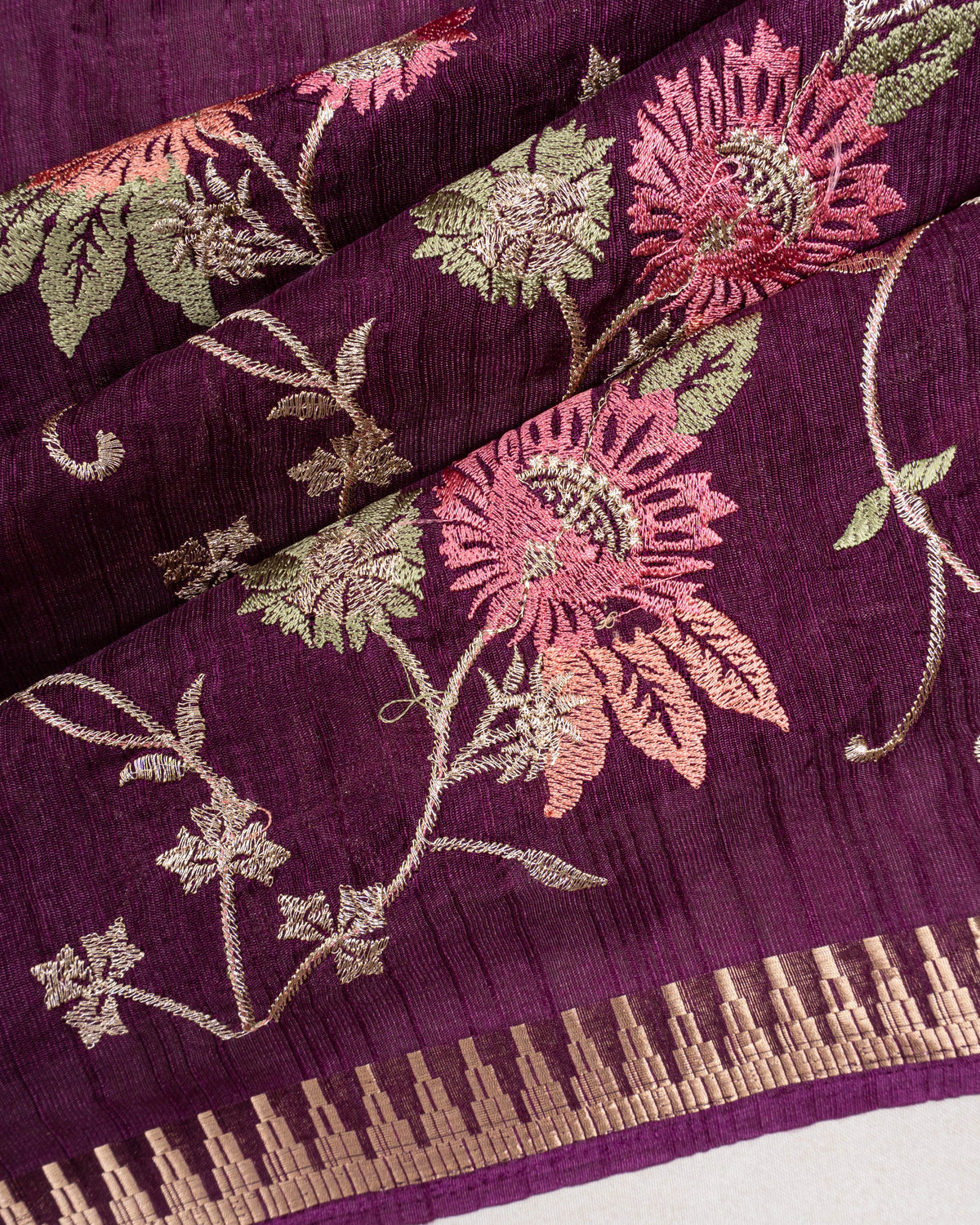 Tussar All Over Floral Embroidery Purple Saree