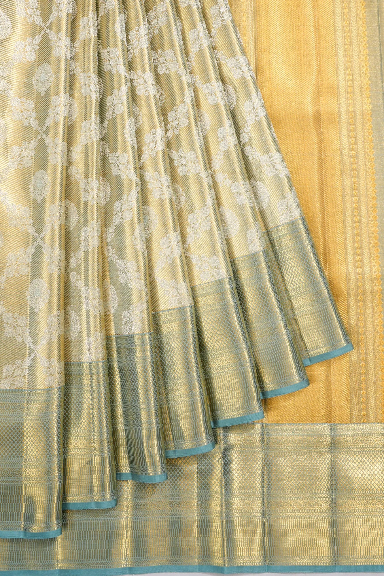 Kanchipuram Silk Tissue Jaal And Butta Sky Blue Saree