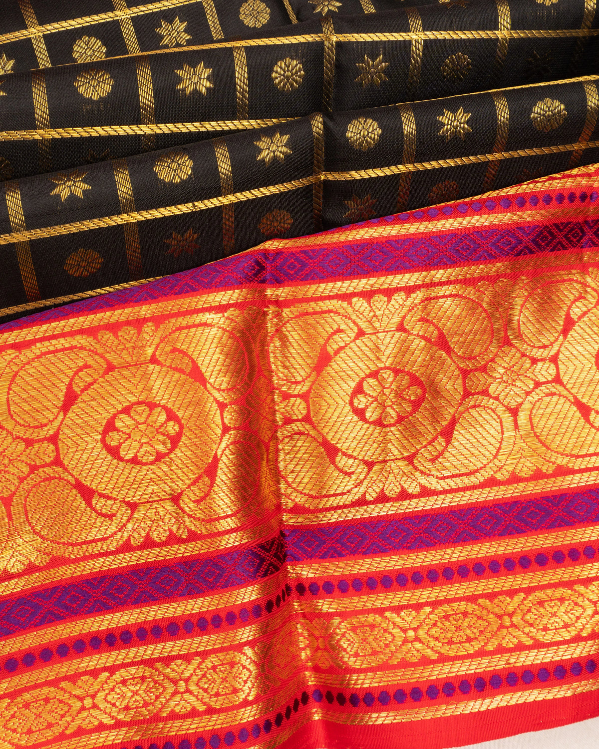 Claasic Kanchipuram Silk Checks And Butta Black Saree
