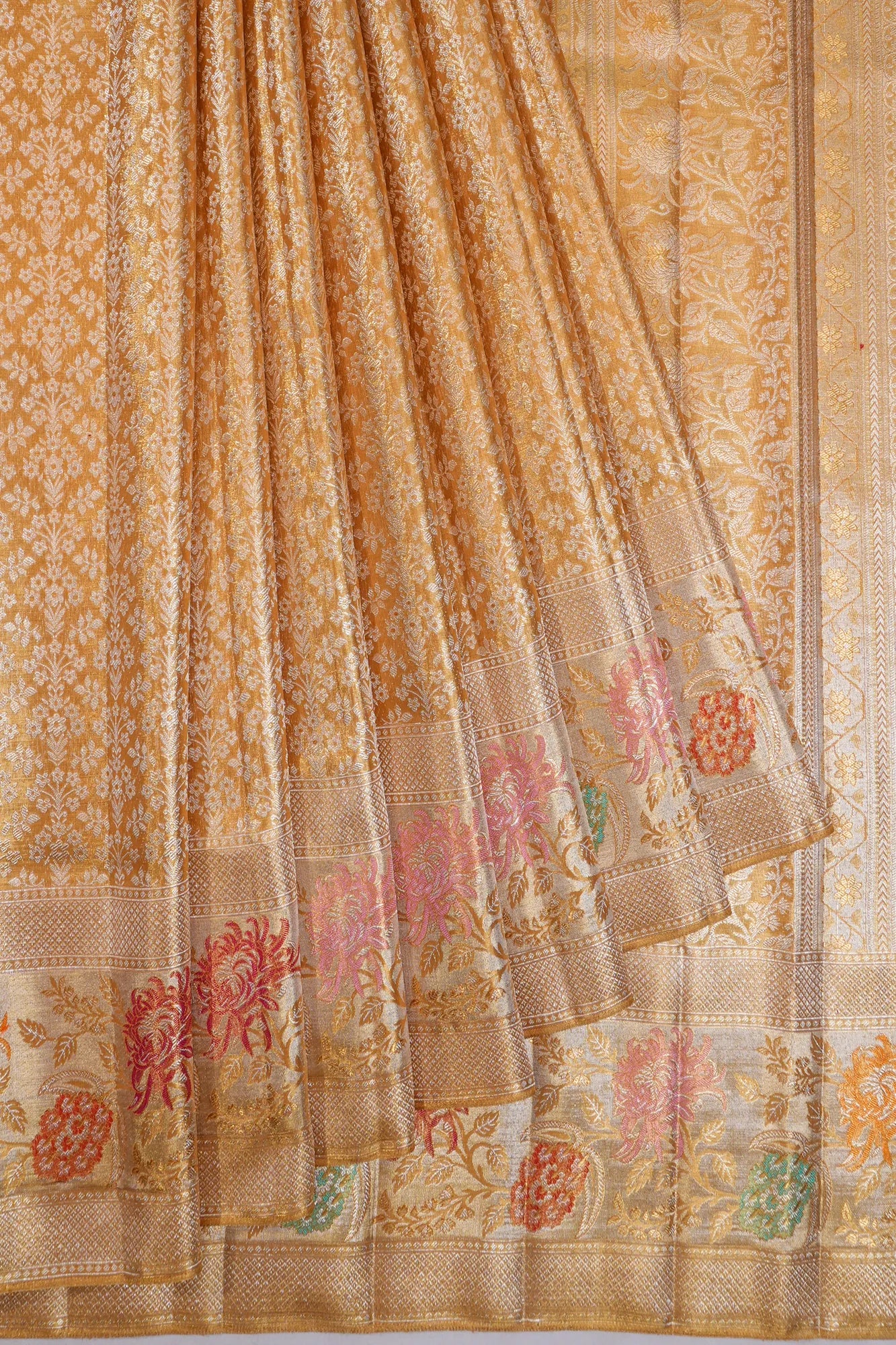 Kanchipuram Silk Tissue Brocade Gold Saree With Meenakari Border