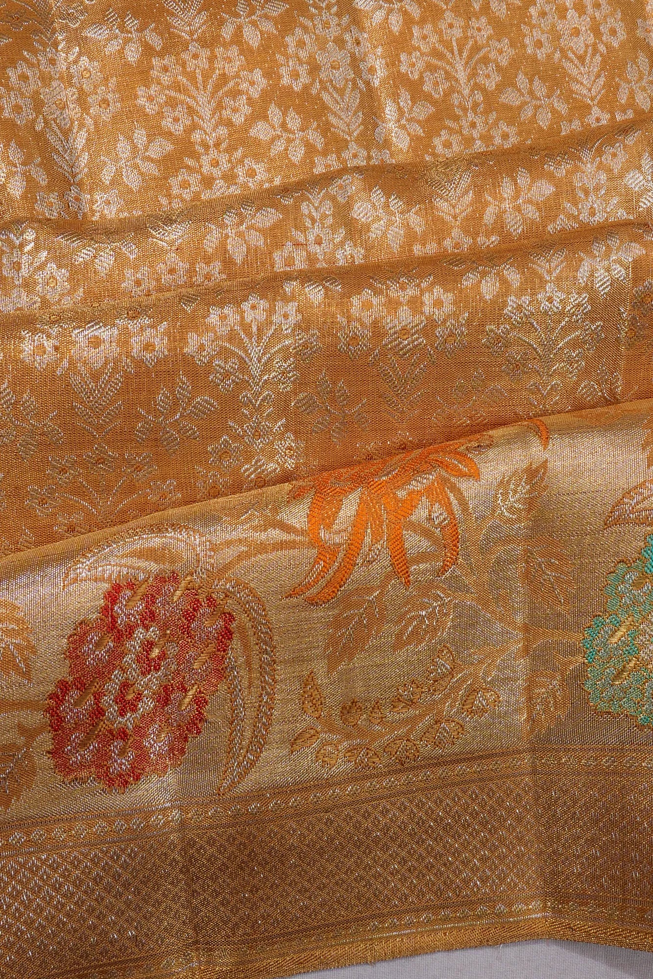 Kanchipuram Silk Tissue Brocade Gold Saree With Meenakari Border