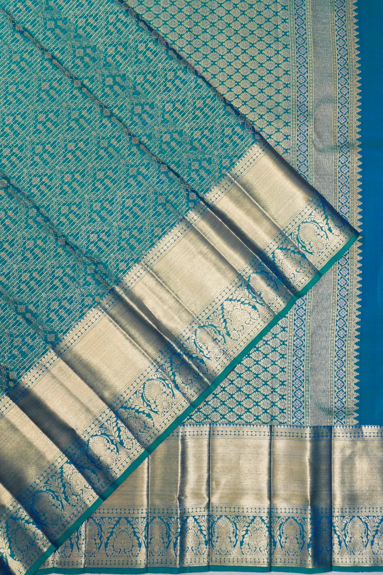 Kanchipuram Silk Brocade And Lines Blue Saree