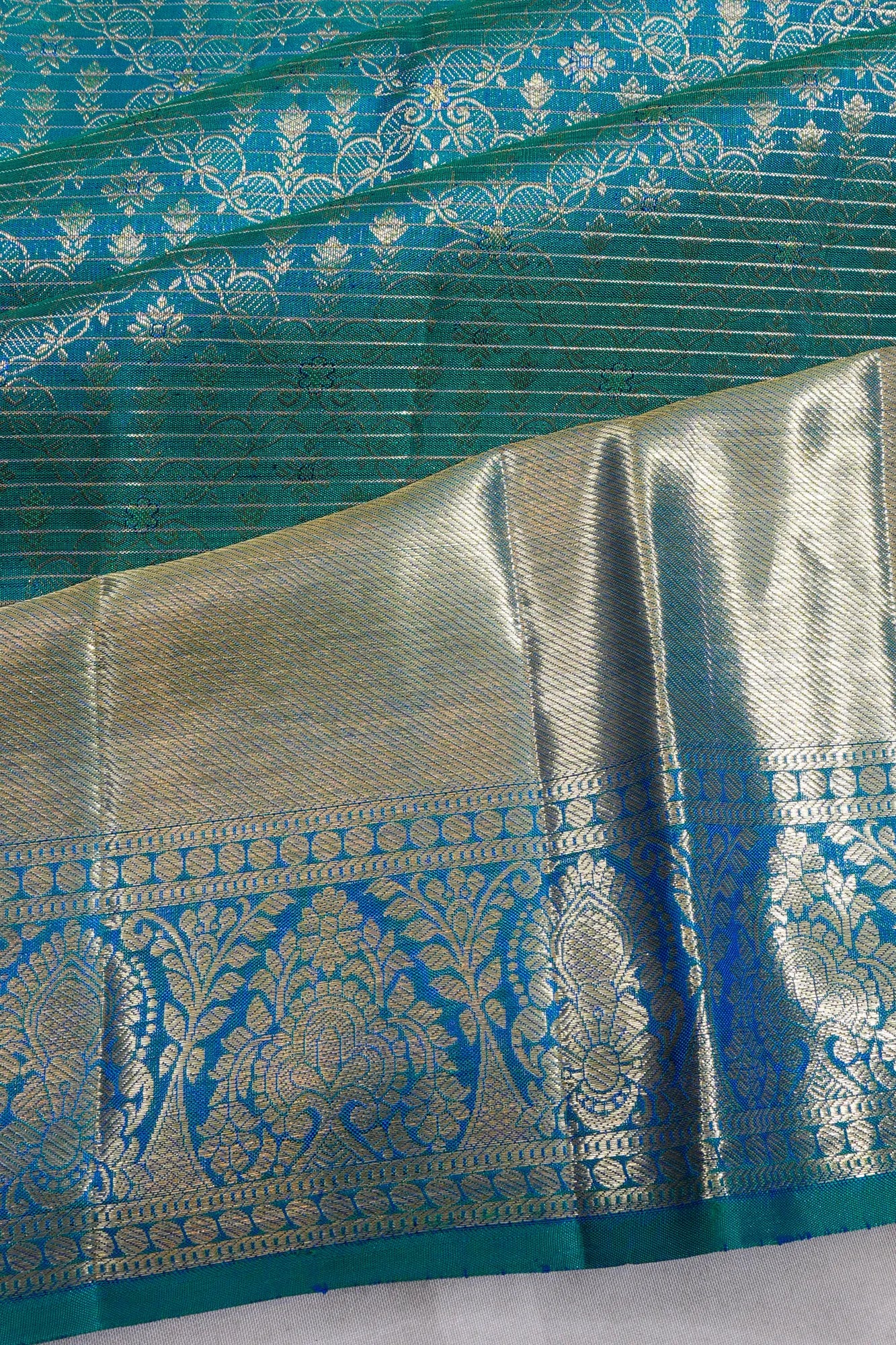 Kanchipuram Silk Brocade And Lines Blue Saree