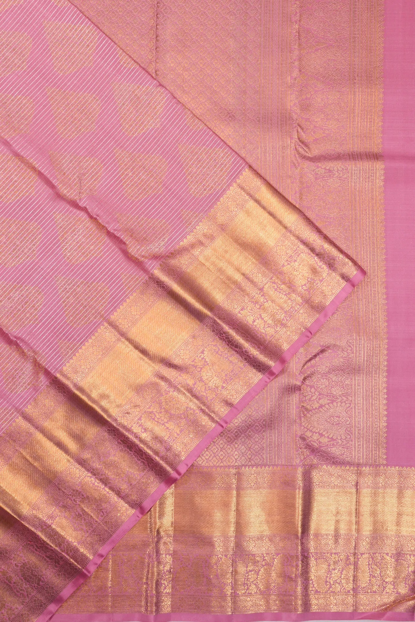 Kanchipuram Silk Brocade And Lines Pink Saree