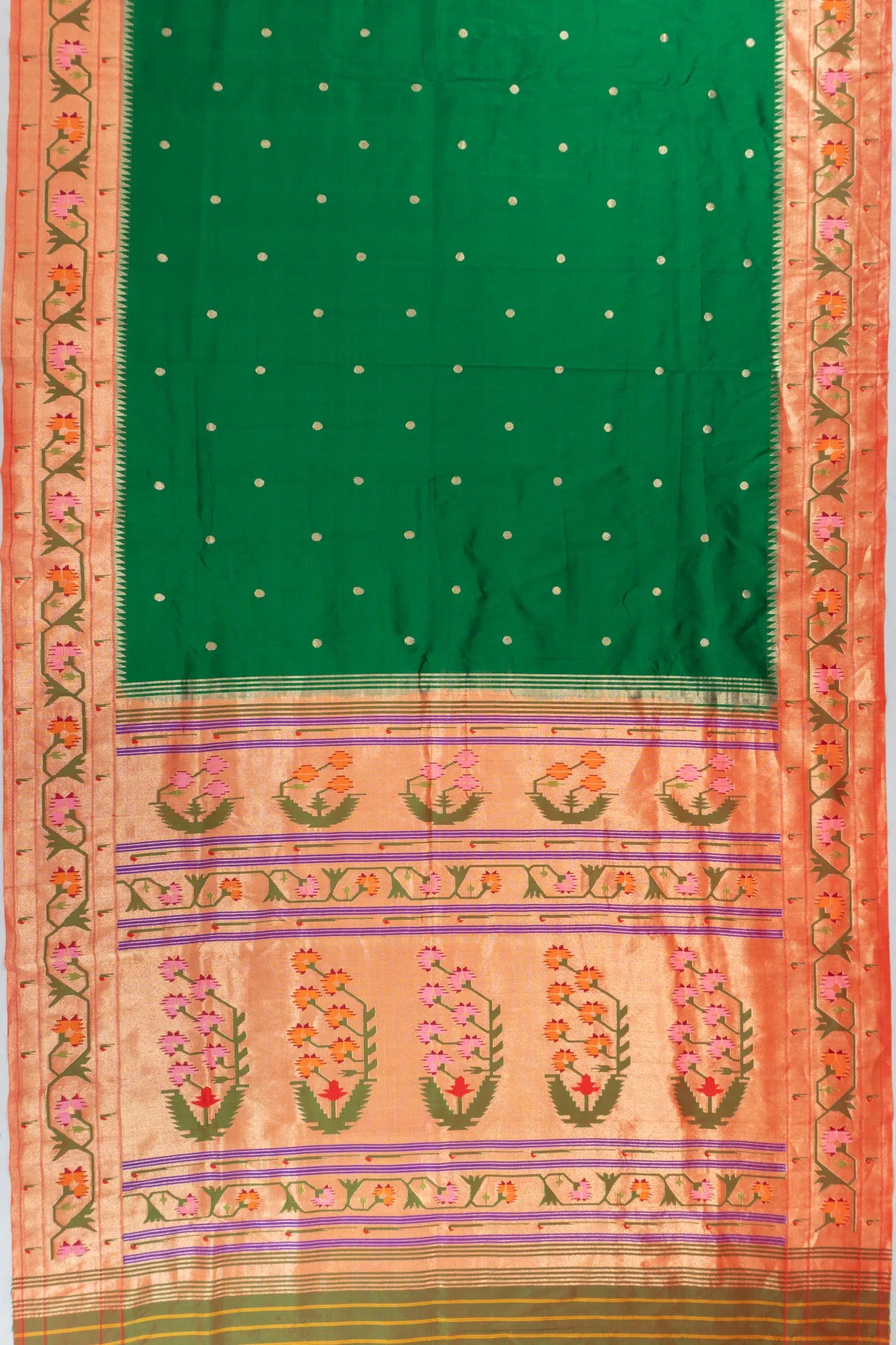 Paithani Silk Butta Bottle Green Saree With Akruthi Border