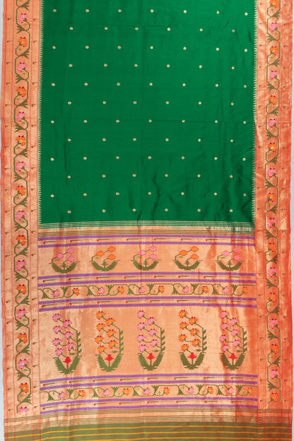 Paithani Silk Butta Bottle Green Saree With Akruthi Border