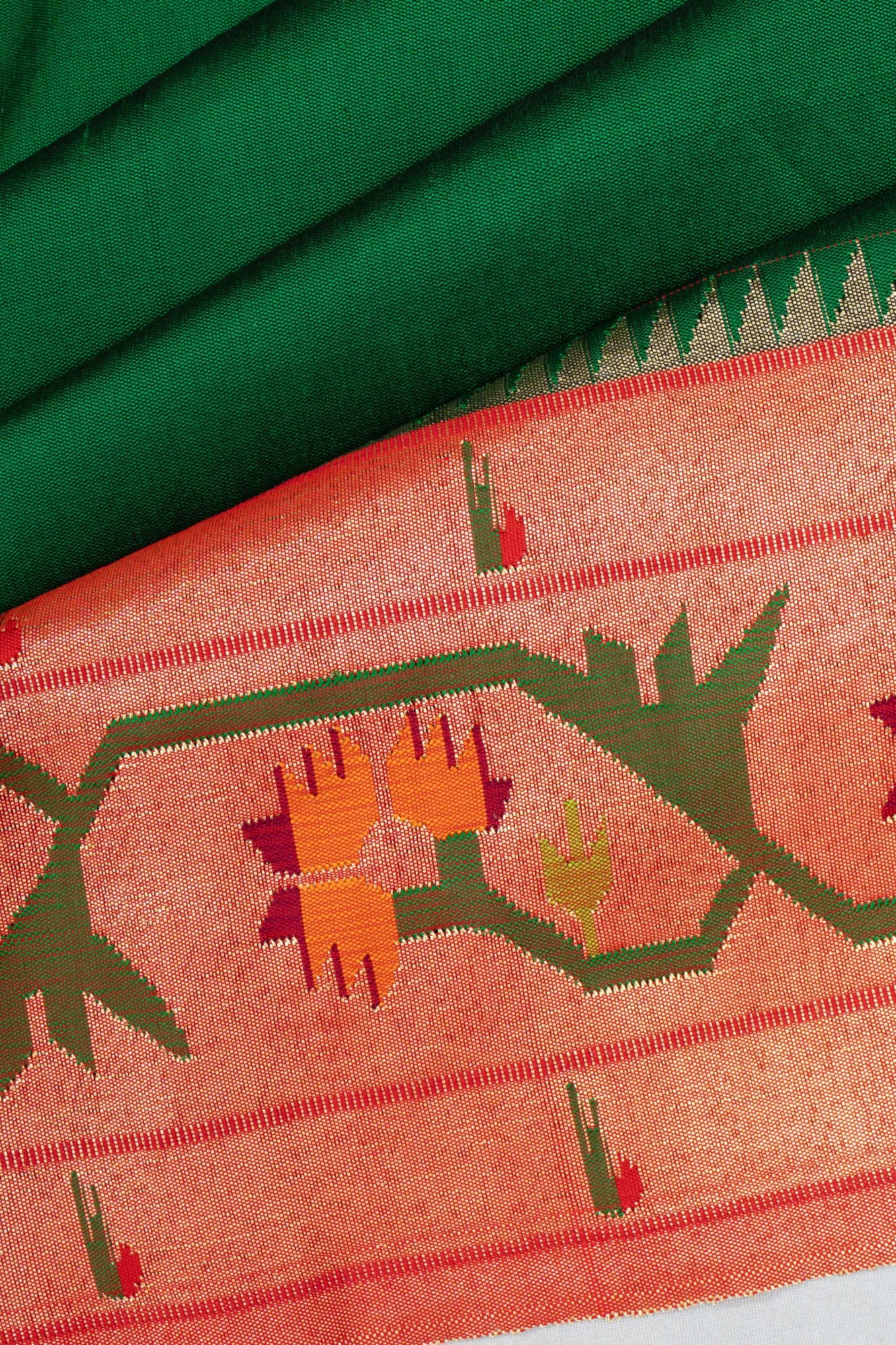 Paithani Silk Butta Bottle Green Saree With Akruthi Border