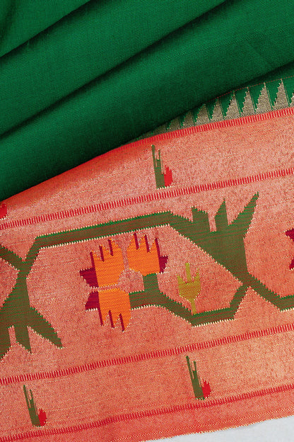 Paithani Silk Butta Bottle Green Saree With Akruthi Border