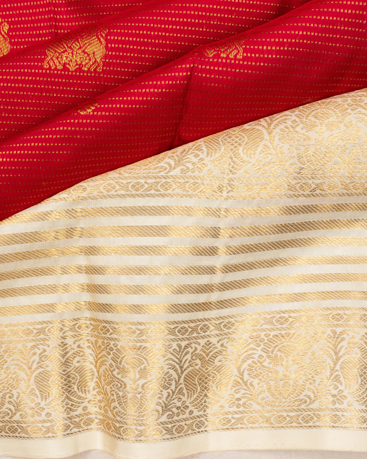 Classic Kanchipuram Silk Lines And Butta Red Saree