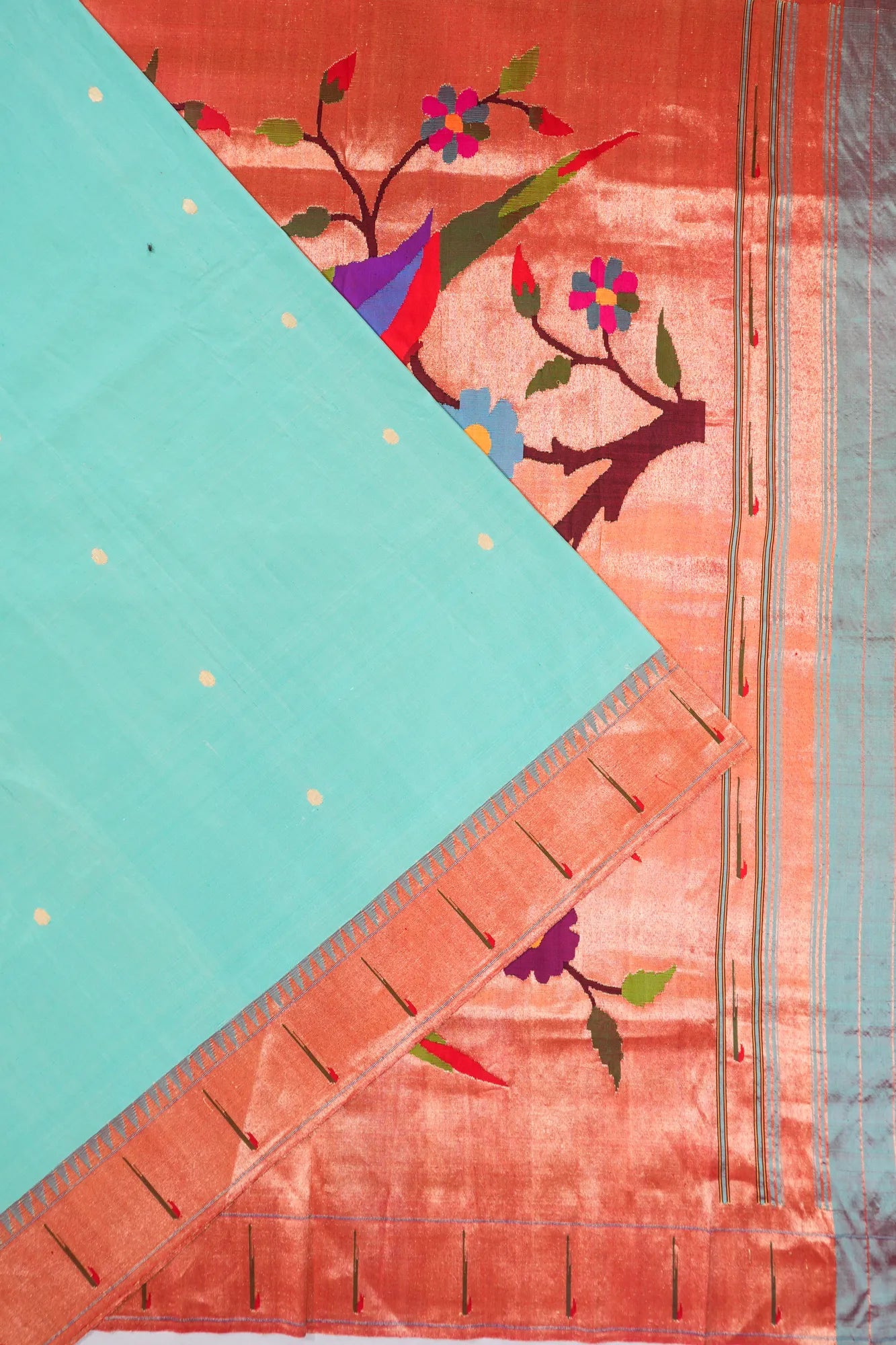 Paithani Silk Butta Sky Blue Saree With Single Muniya Border