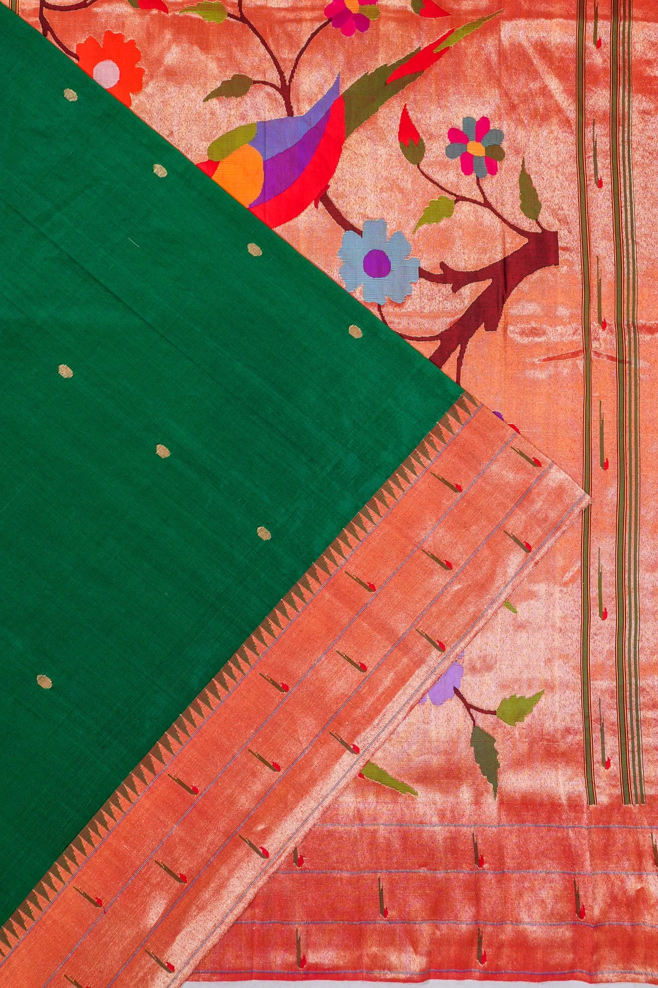 Paithani Silk Butta Green Saree With Triple Muniya Border