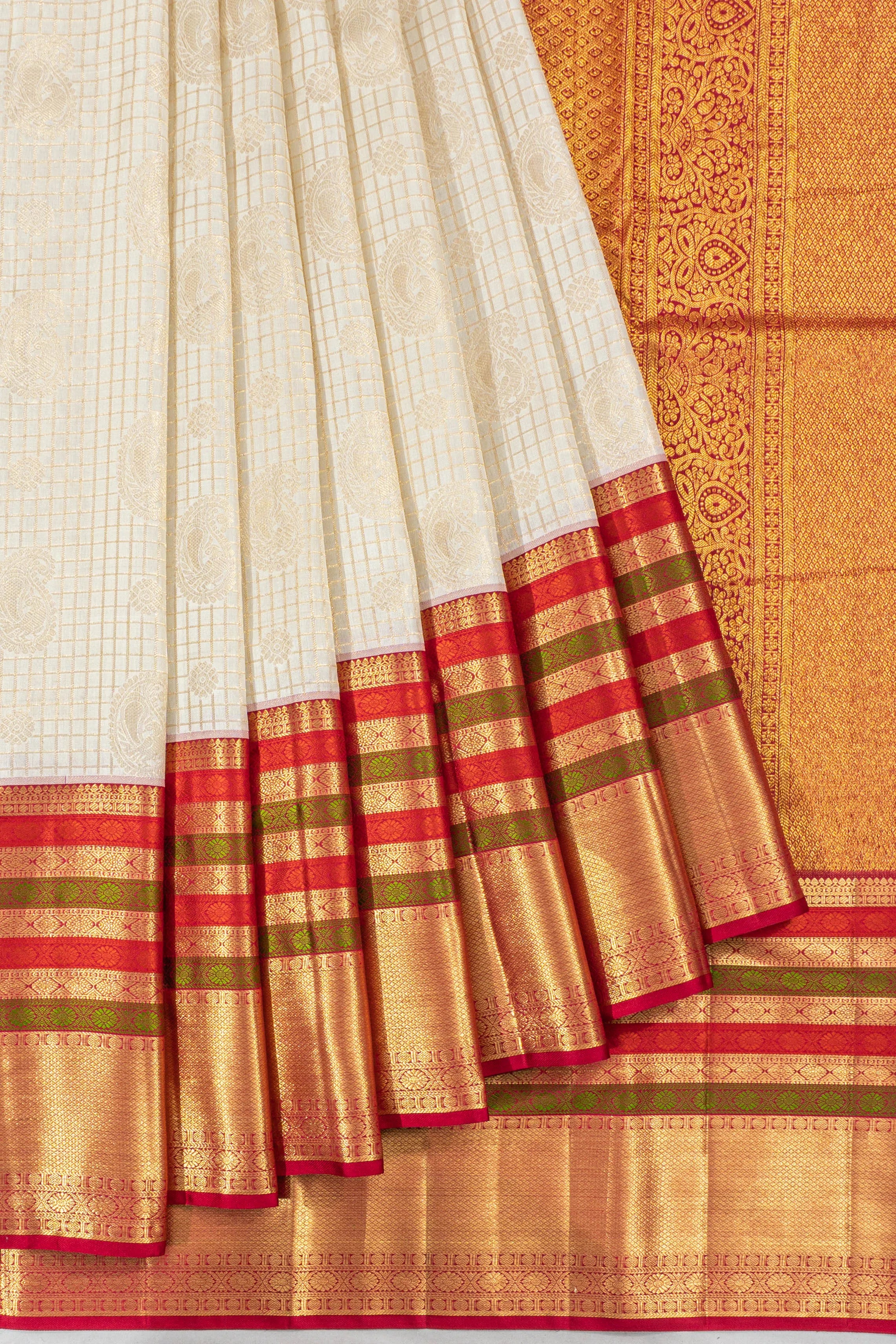 Classic Kanchipuram Silk Checks And Butta White Saree