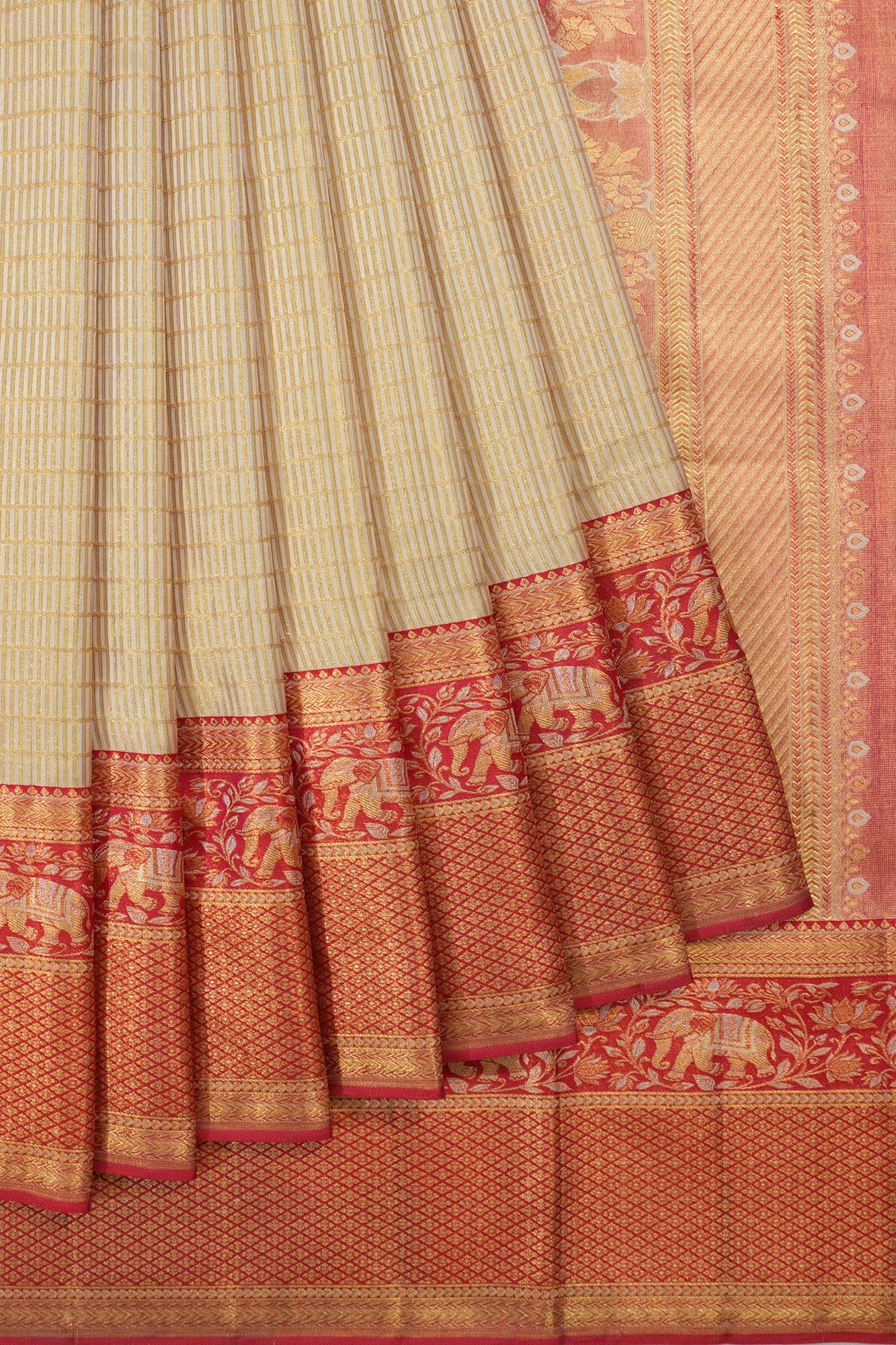 Taranga Kanchi Silk Checks Cream Saree