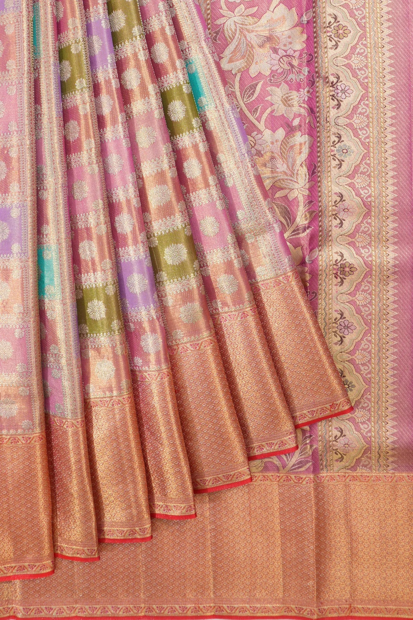 Taranga Kanchi Silk Tissue Checks And Butta Pink Saree