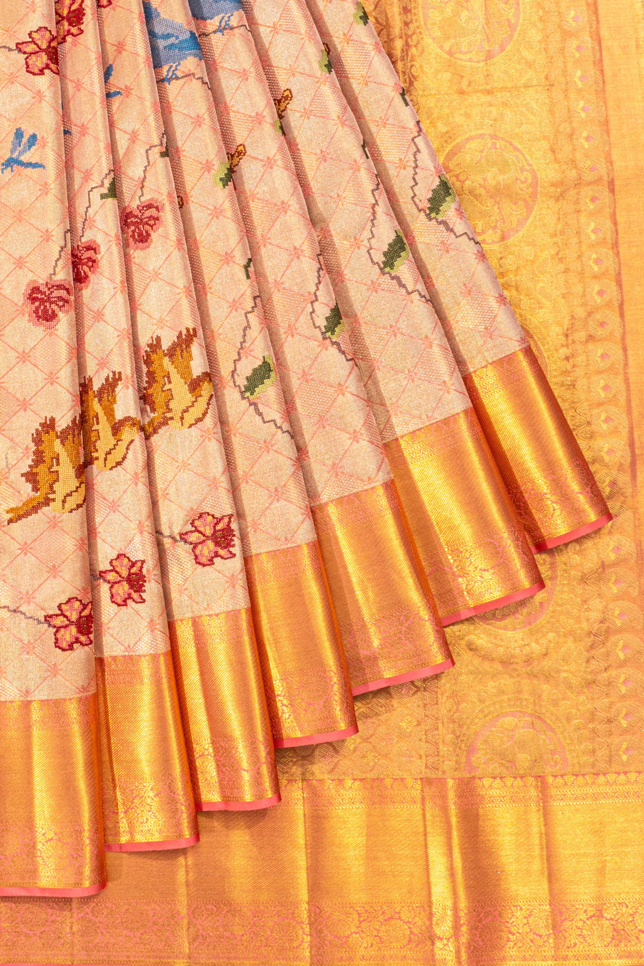 Taranga Kanchi Silk Tissue Brocade Peach Saree With Embroidery