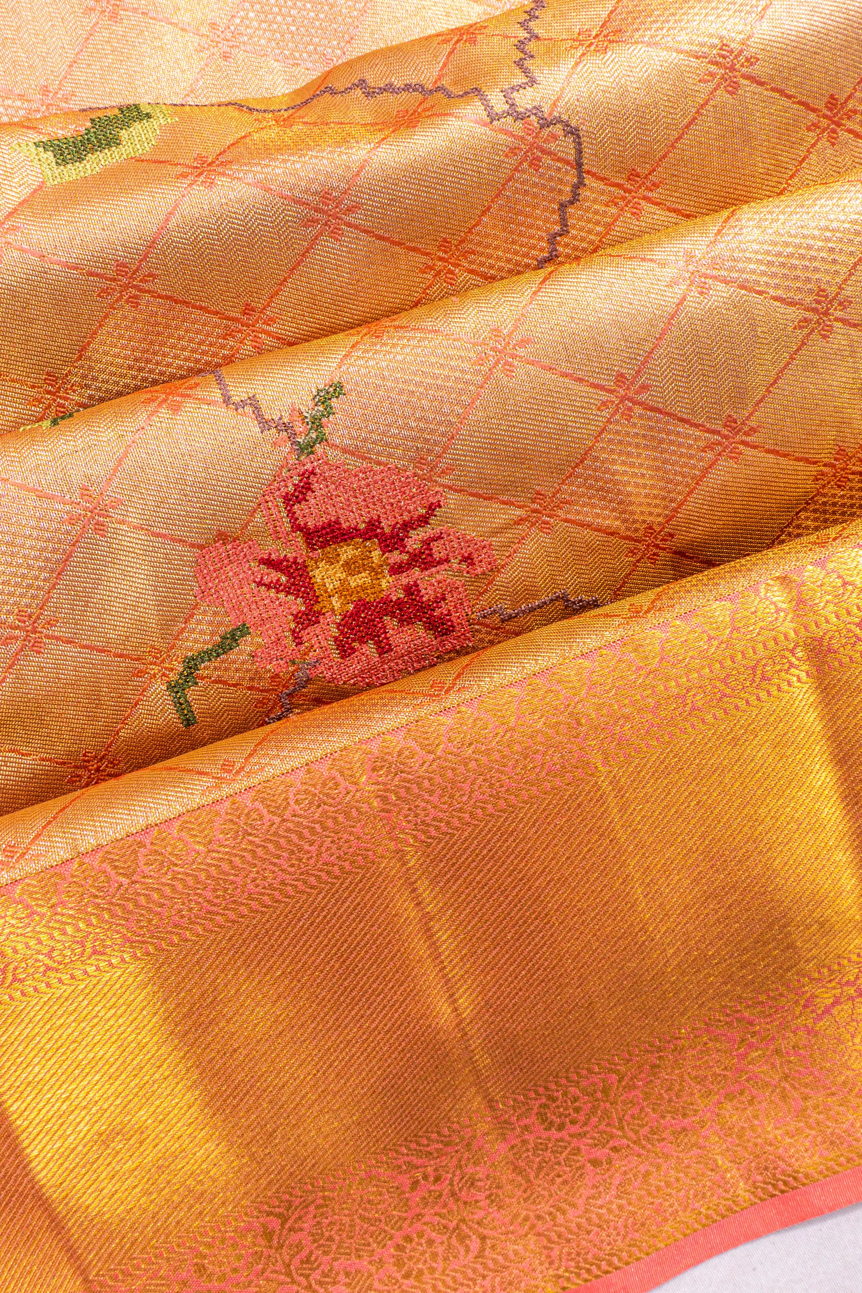 Taranga Kanchi Silk Tissue Brocade Peach Saree With Embroidery